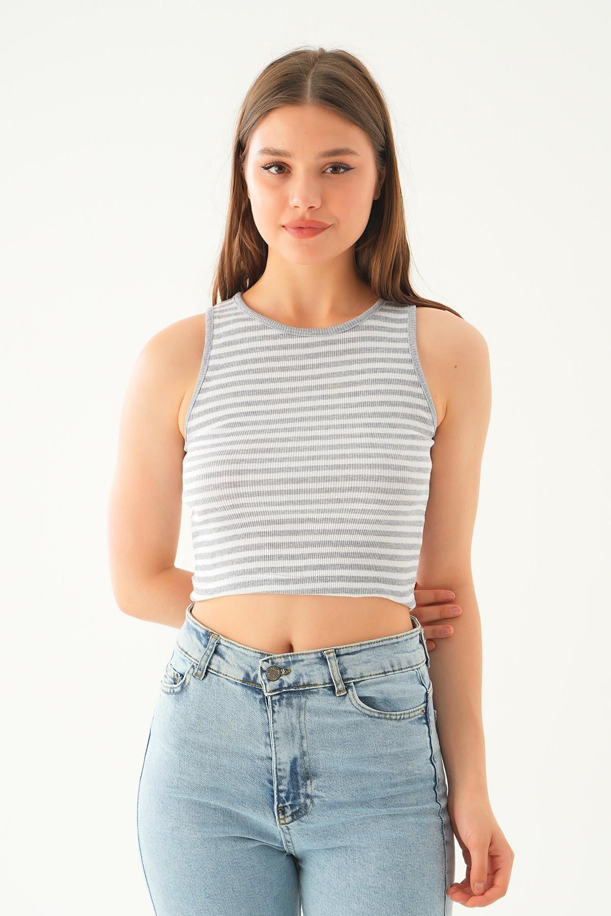 Gri Beyaz Fitilli Crop Kadın Atlet 1312
