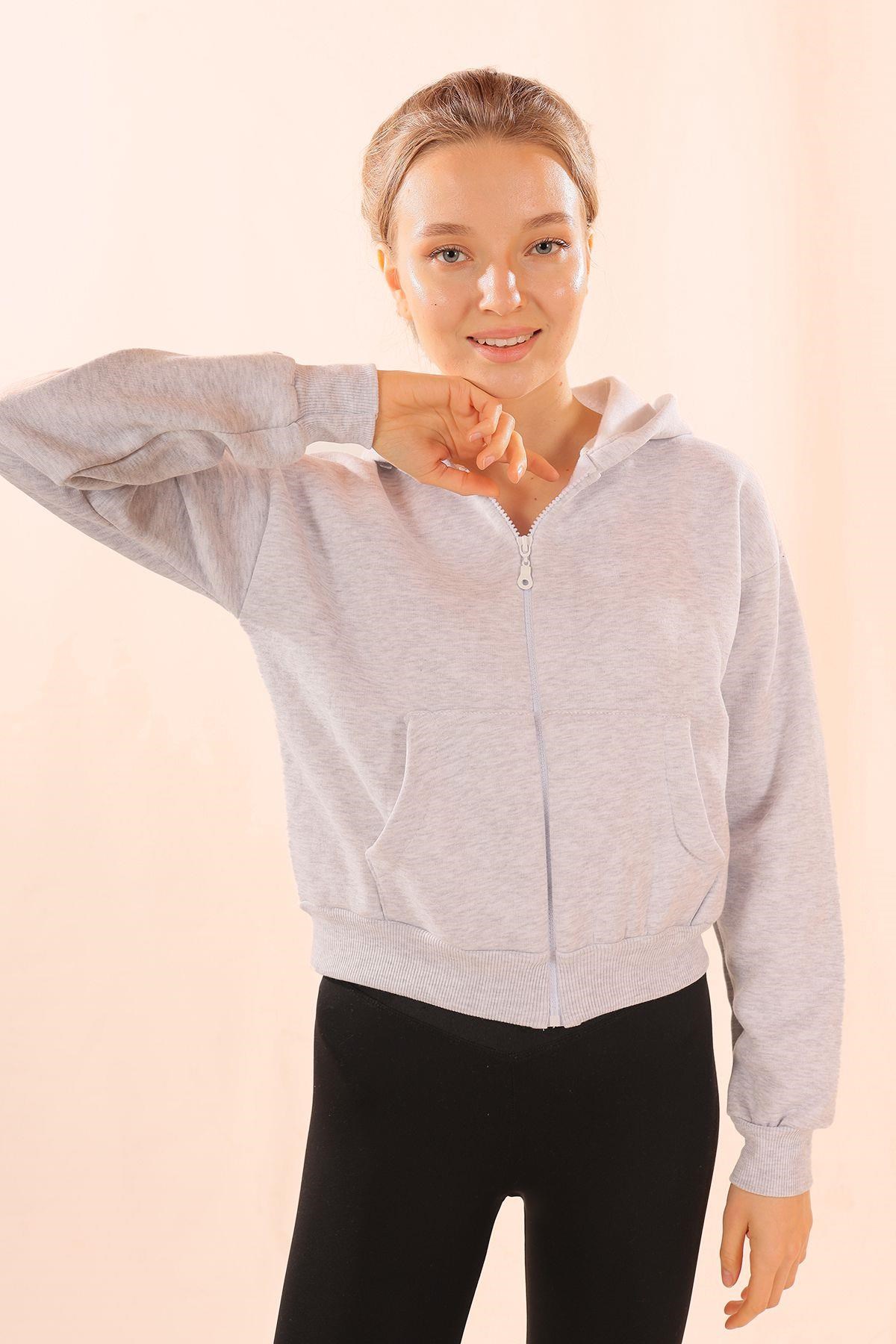 Gri Fermuarlı Kısa Sweat 1783