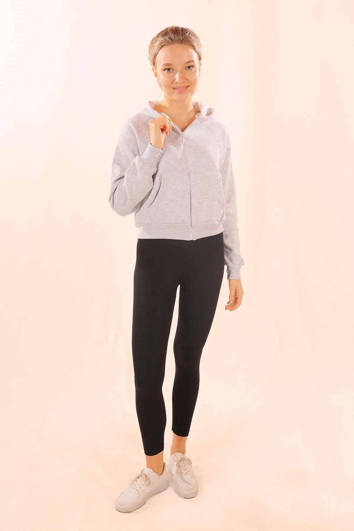 Gri Fermuarlı Kısa Sweat 1783
