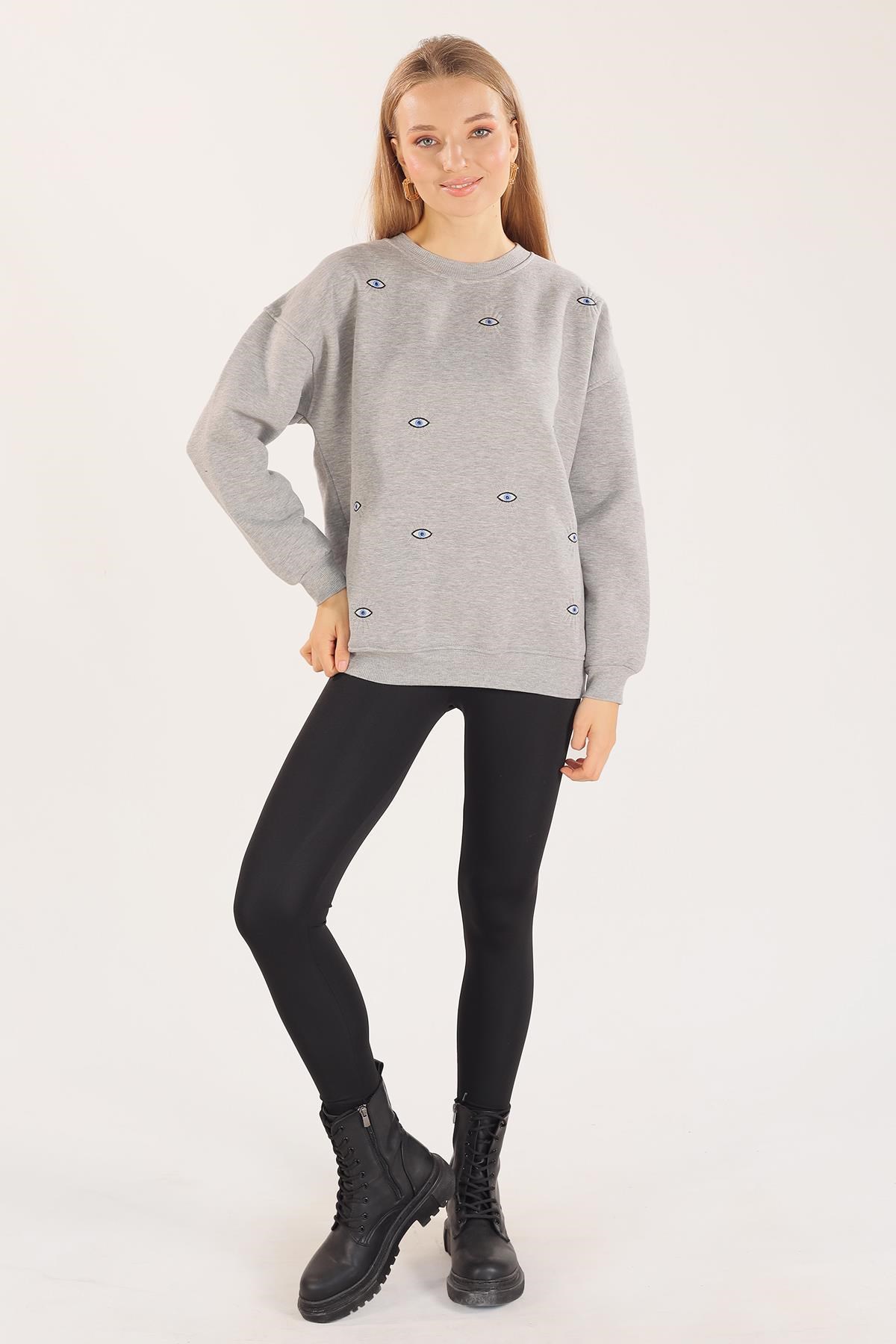 Gri Göz Nakışlı Oversize Sweat 1543