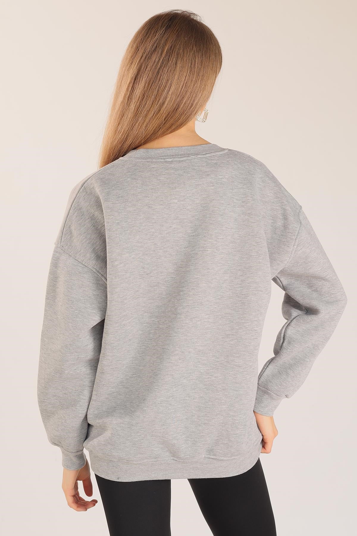 Gri Göz Nakışlı Oversize Sweat 1543