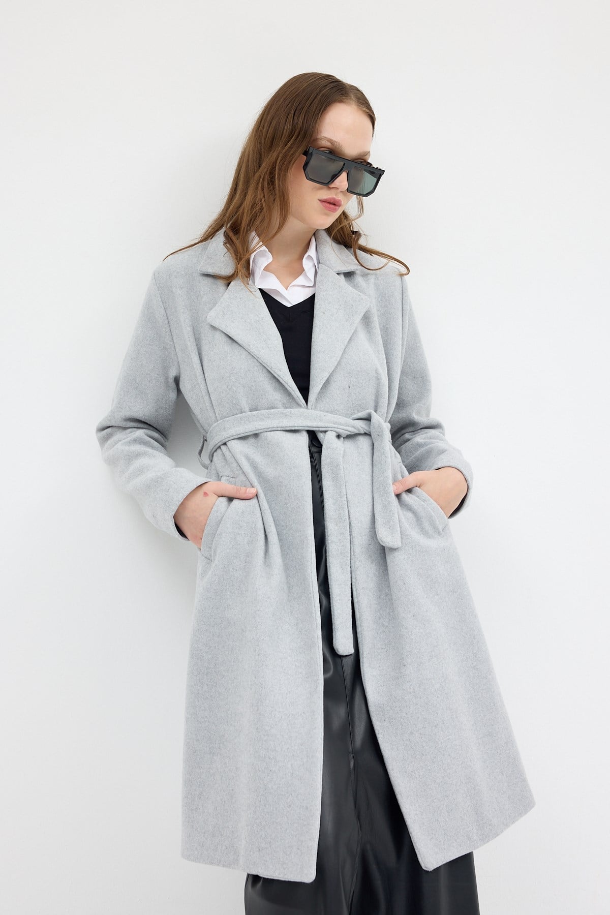 Gri Kemerli İçi Astarlı Uzun Kaşe Kaban 7149A