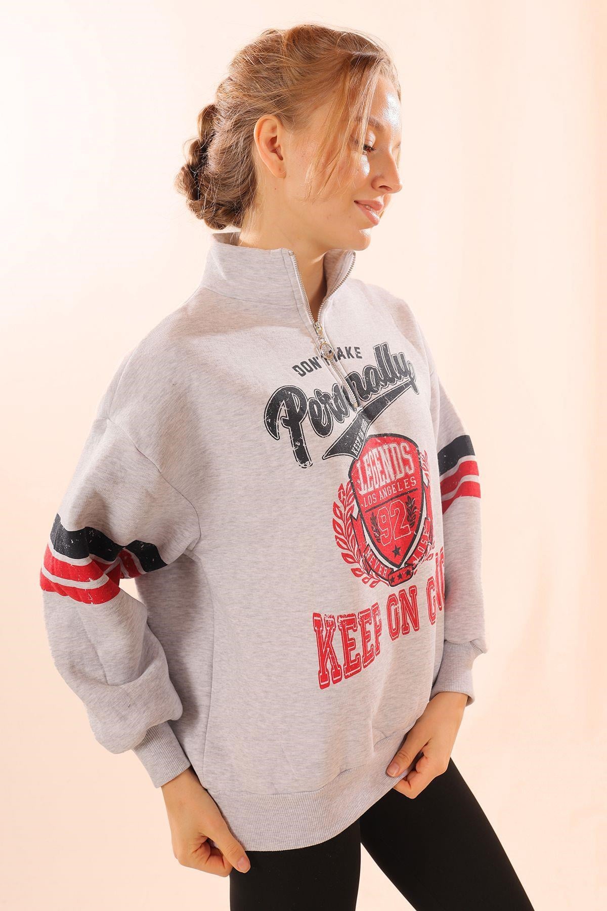 Gri Kol Çizgili Baskılı Sweat 1320