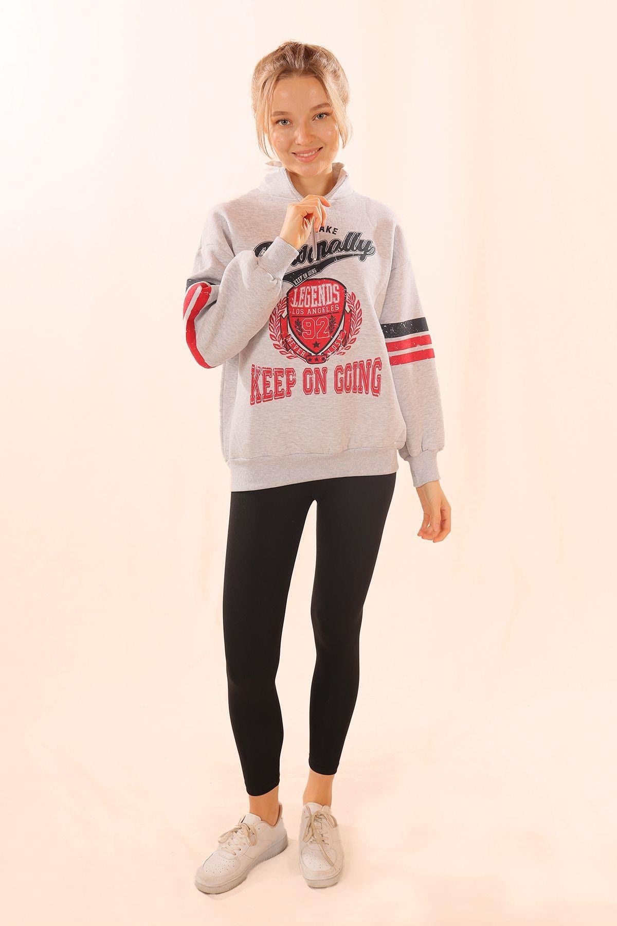 Gri Kol Çizgili Baskılı Sweat 1320