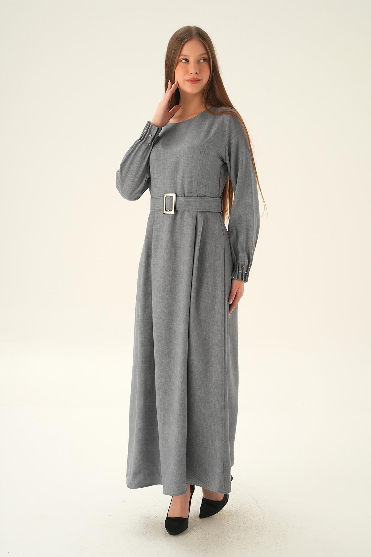 Gri Kol Drape Detay Kemerli Elbise 2659