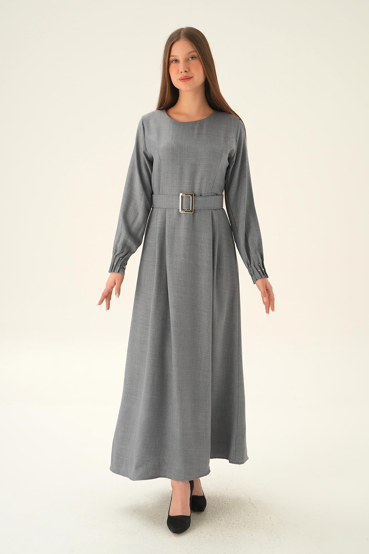 Gri Kol Drape Detay Kemerli Elbise 2659