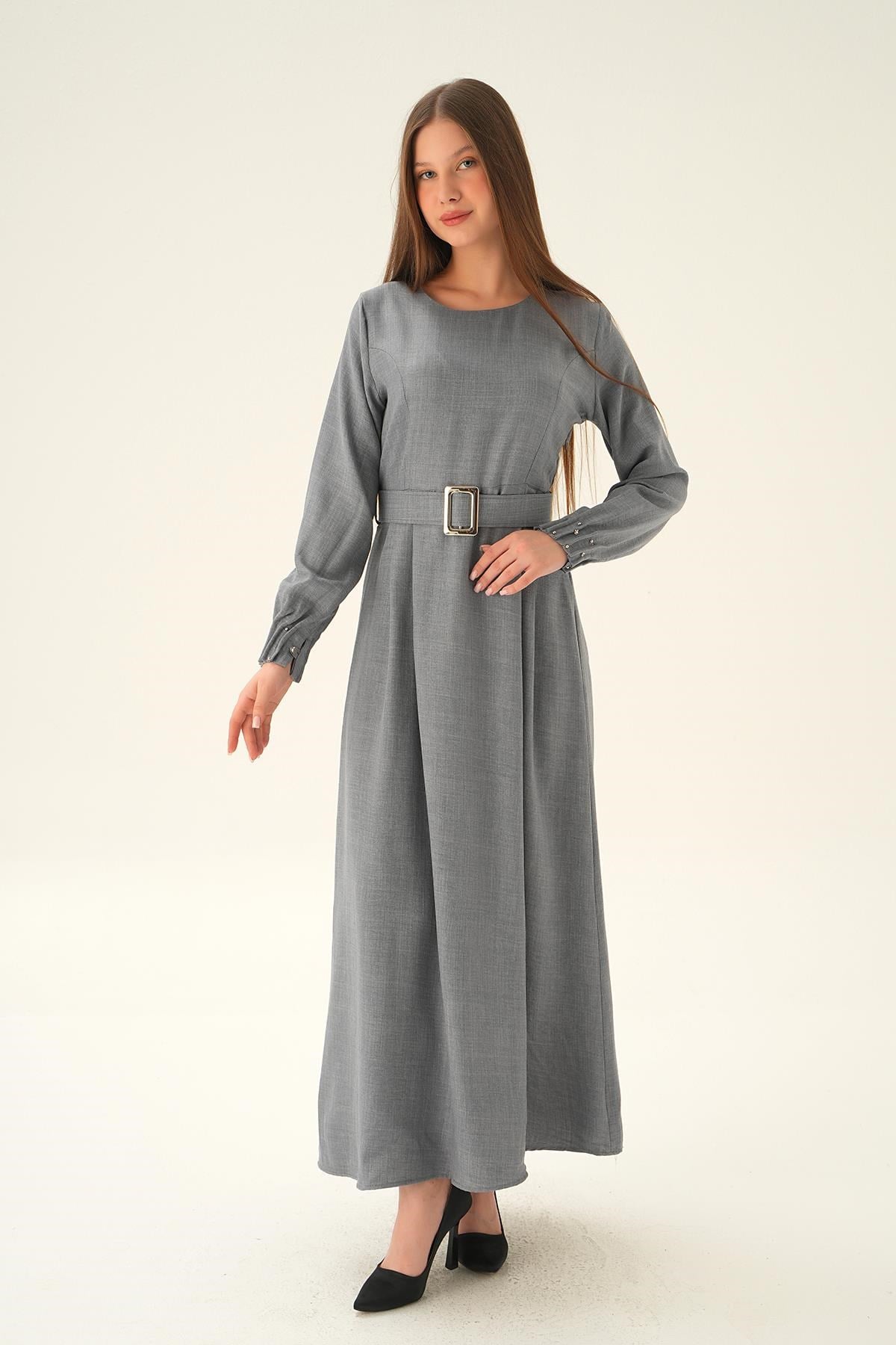 Gri Kol Drape Detay Kemerli Elbise 2659