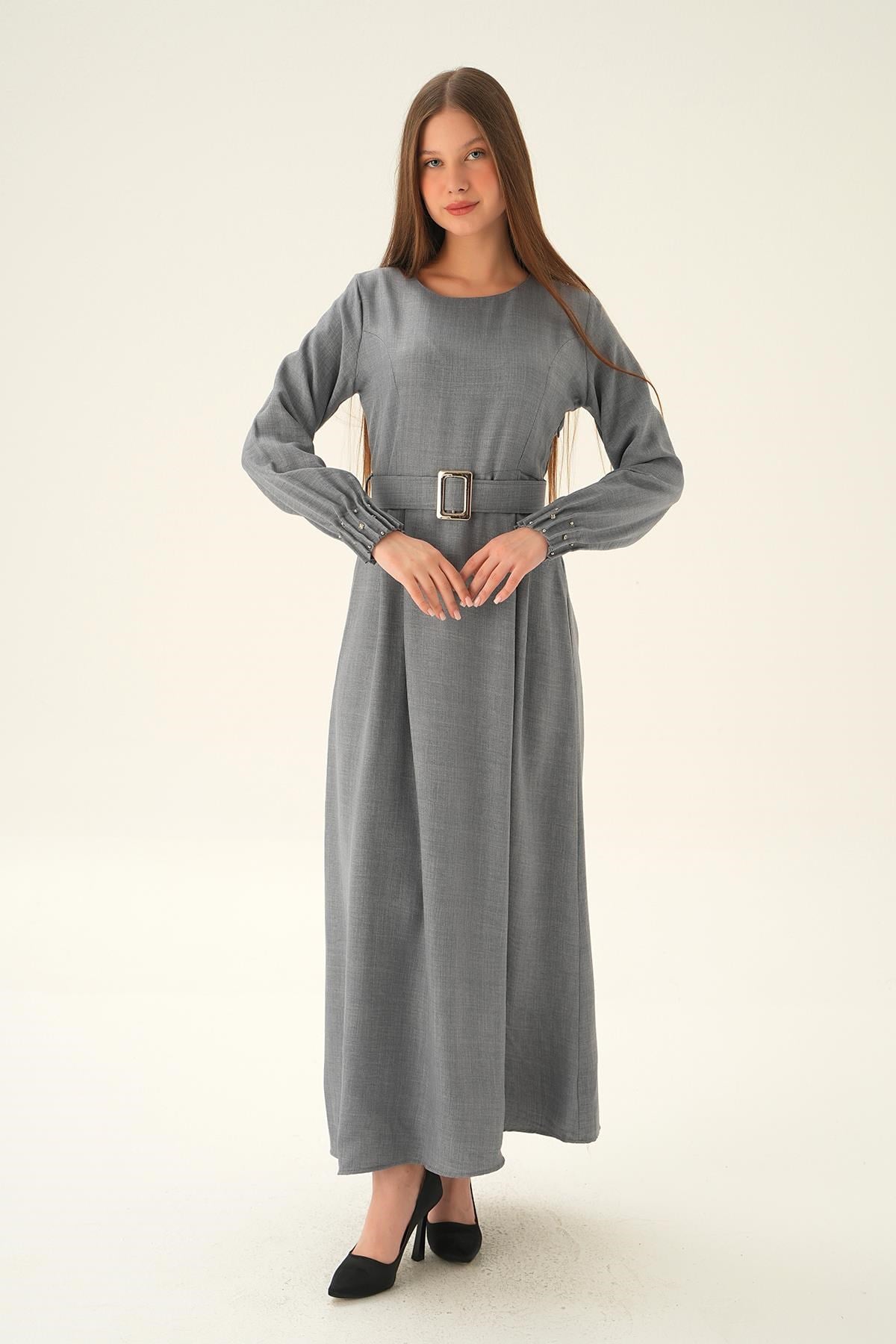 Gri Kol Drape Detay Kemerli Elbise 2659