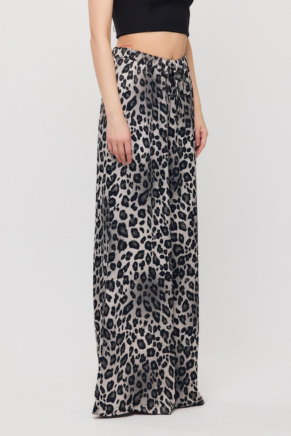 Gri Leopar Desen Bel Bağcık Pantolon 9410