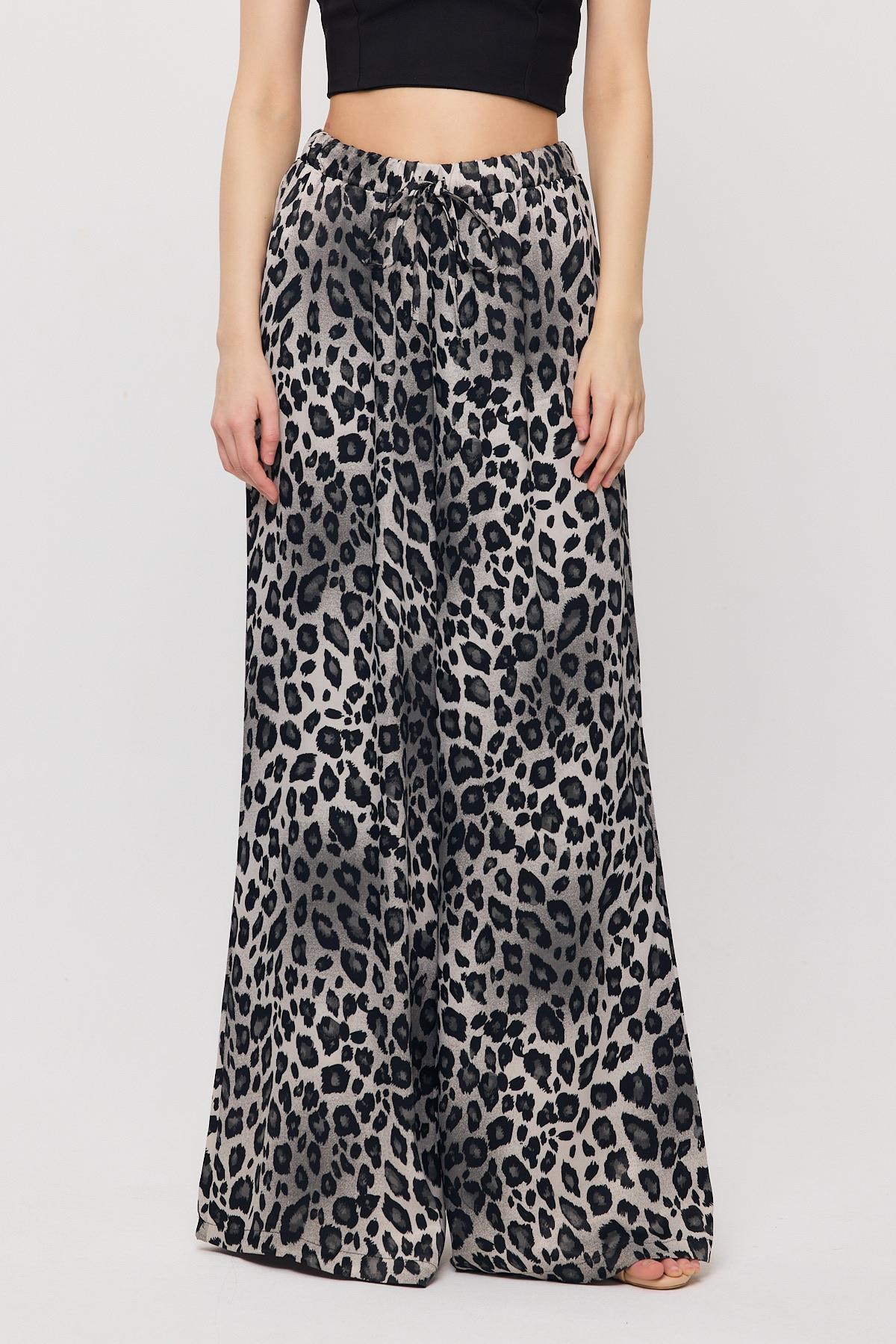 Gri Leopar Desen Bel Bağcık Pantolon 9410