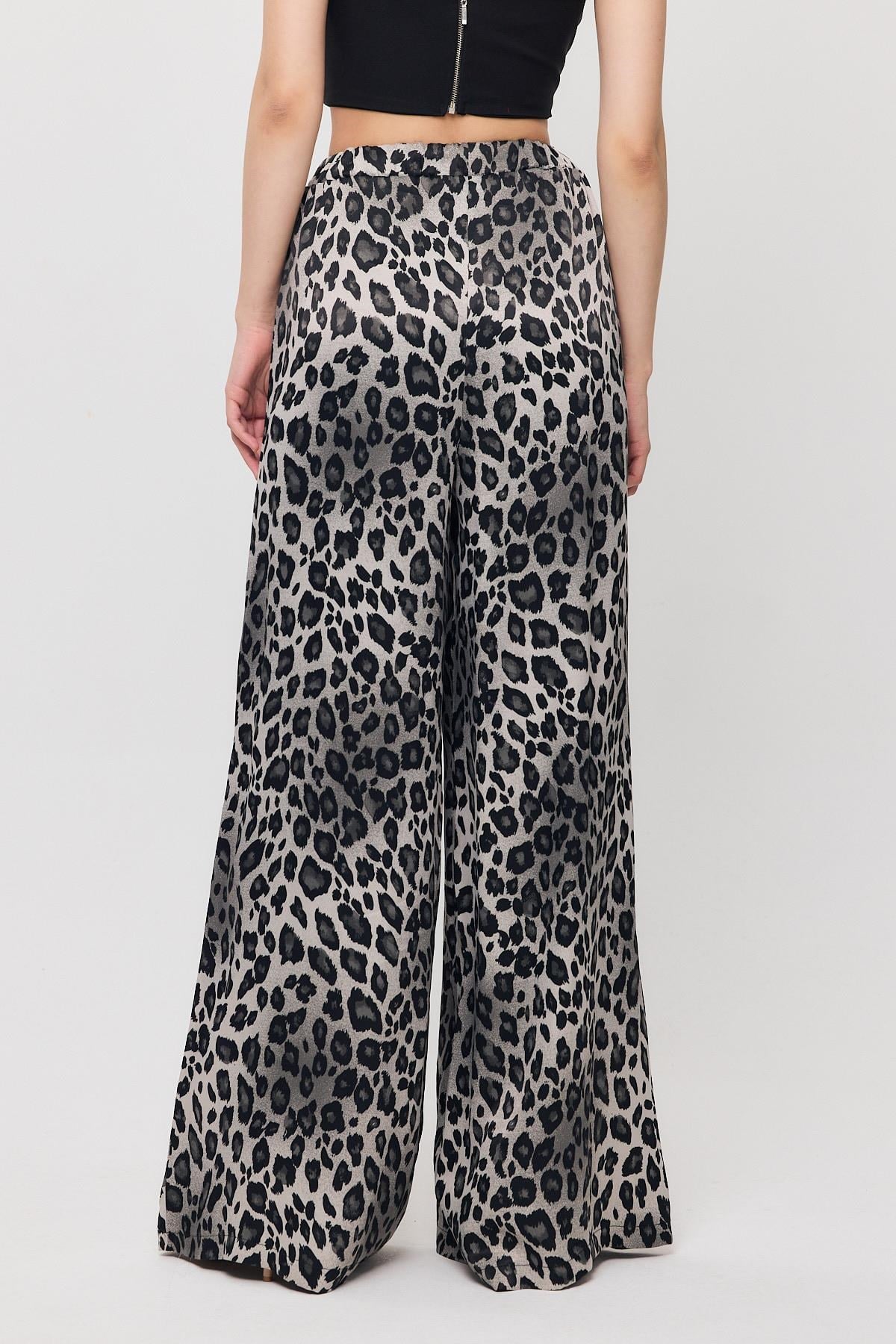 Gri Leopar Desen Bel Bağcık Pantolon 9410