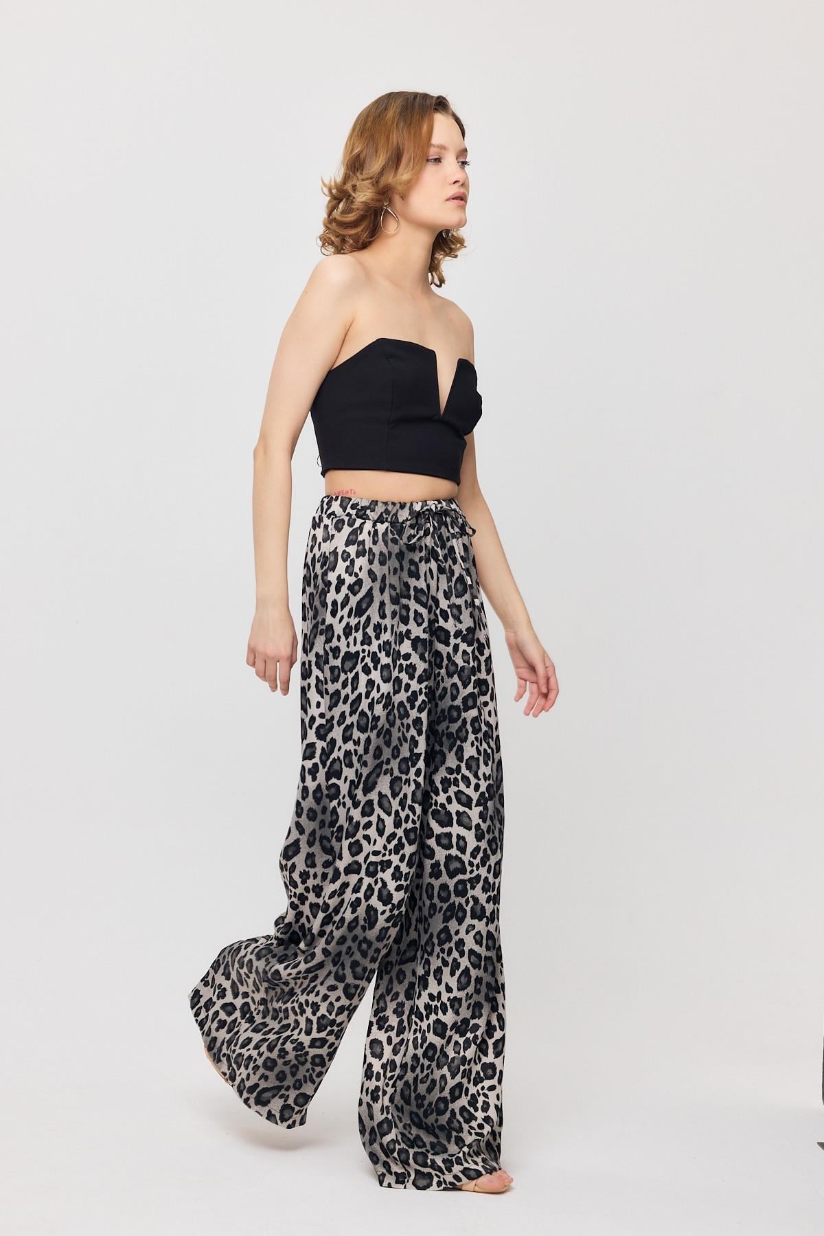 Gri Leopar Desen Bel Bağcık Pantolon 9410