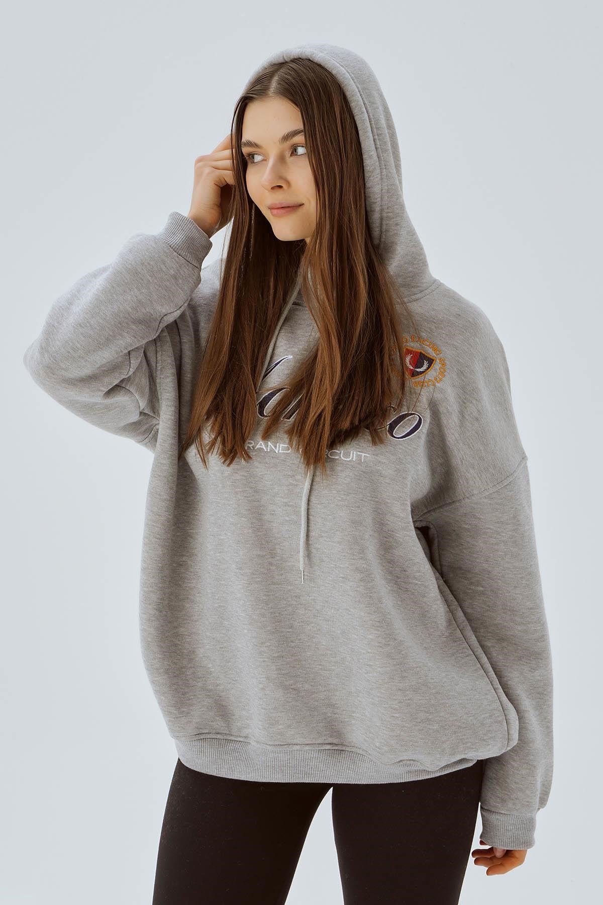 Gri Monaco Nakış Kapüşonlu Sweat 3730