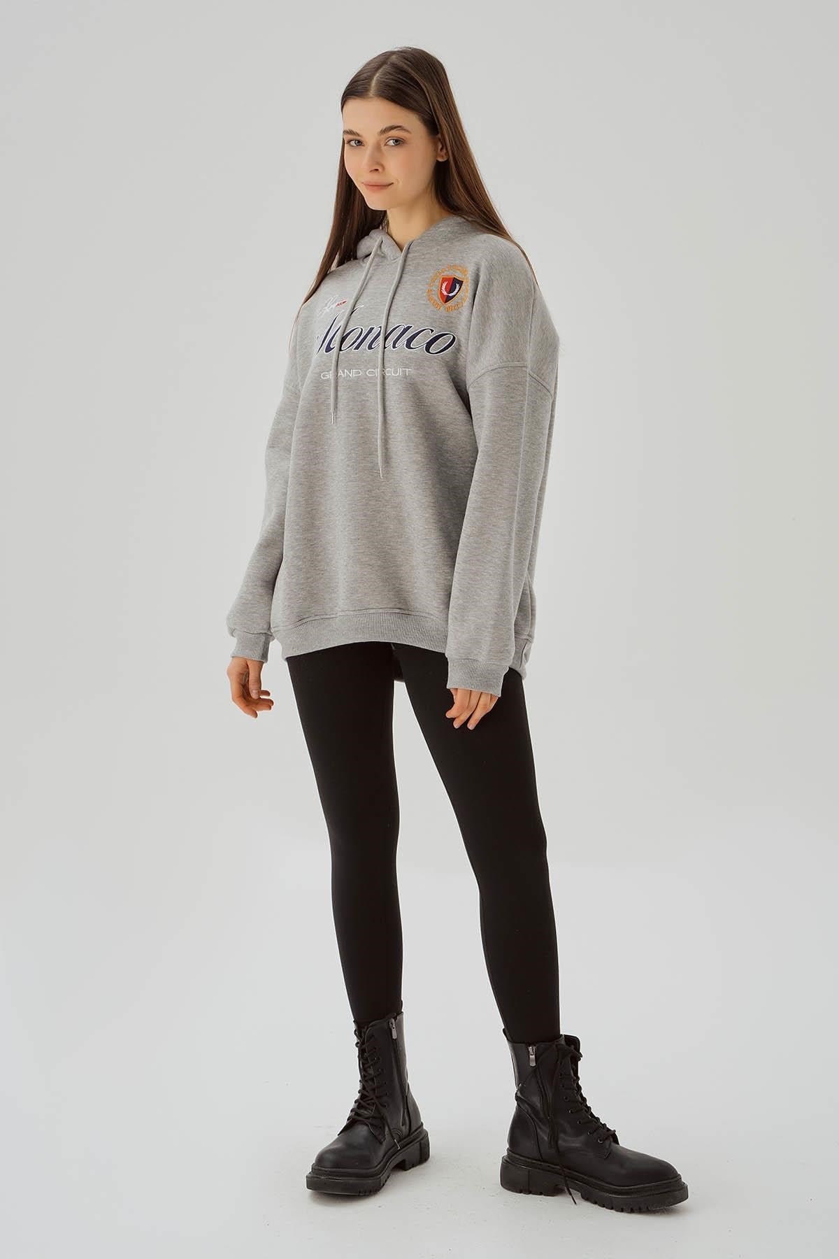 Gri Monaco Nakış Kapüşonlu Sweat 3730