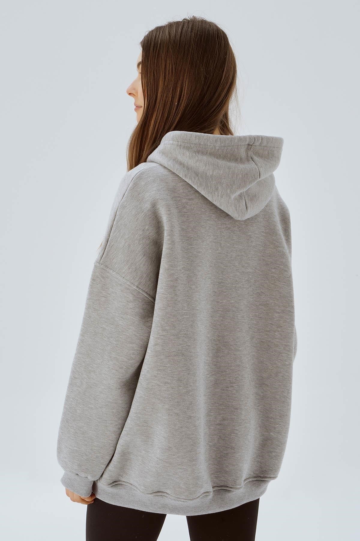 Gri Monaco Nakış Kapüşonlu Sweat 3730