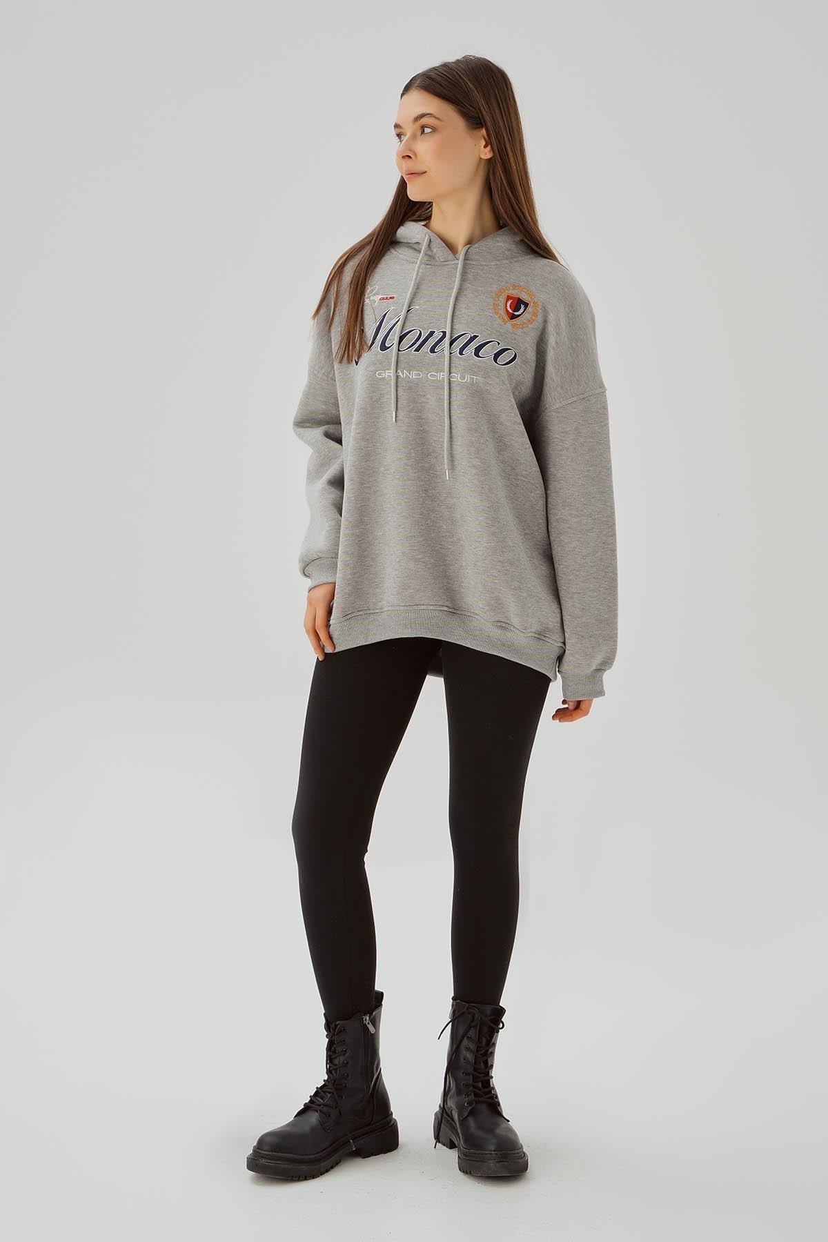 Gri Monaco Nakış Kapüşonlu Sweat 3730