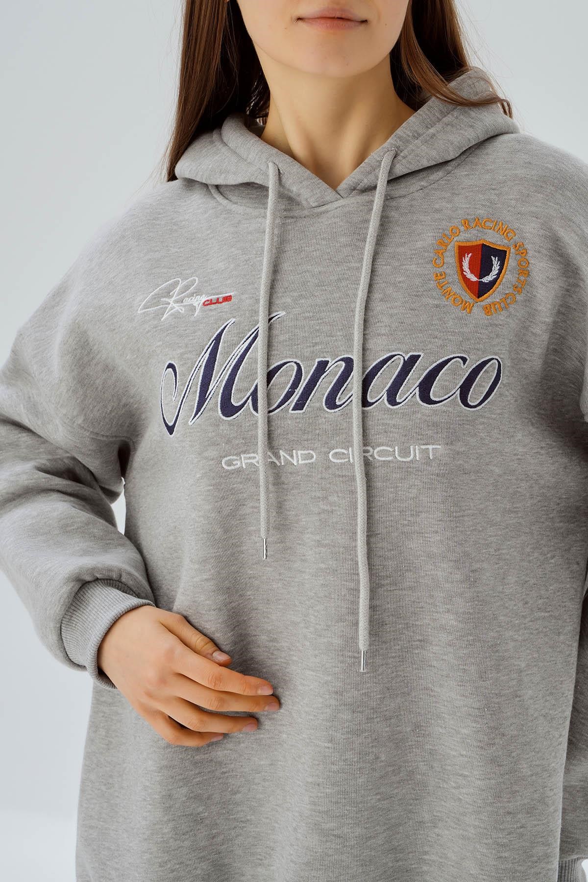 Gri Monaco Nakış Kapüşonlu Sweat 3730