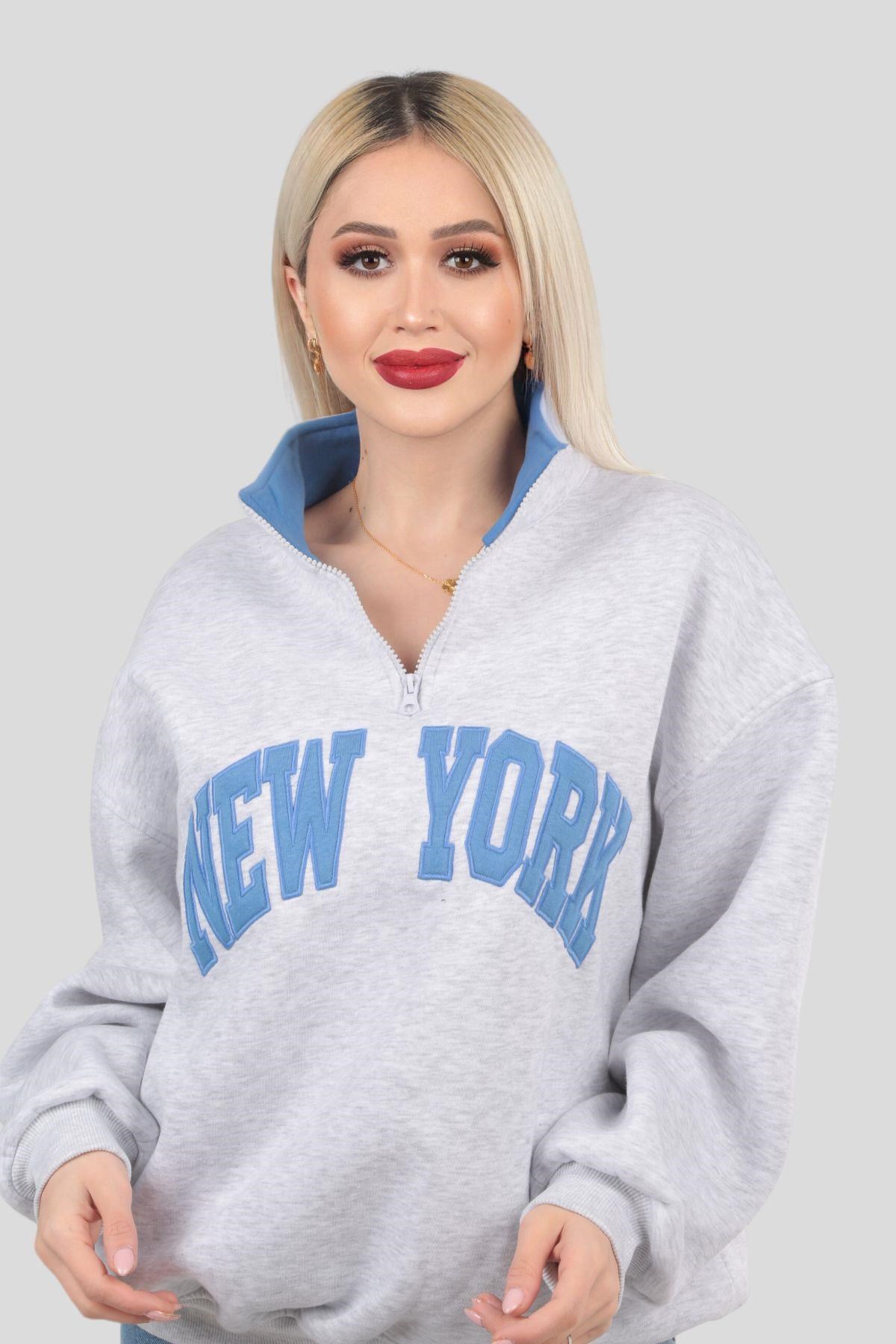 Gri New York Baskılı Fermuarlı Sweat 3623