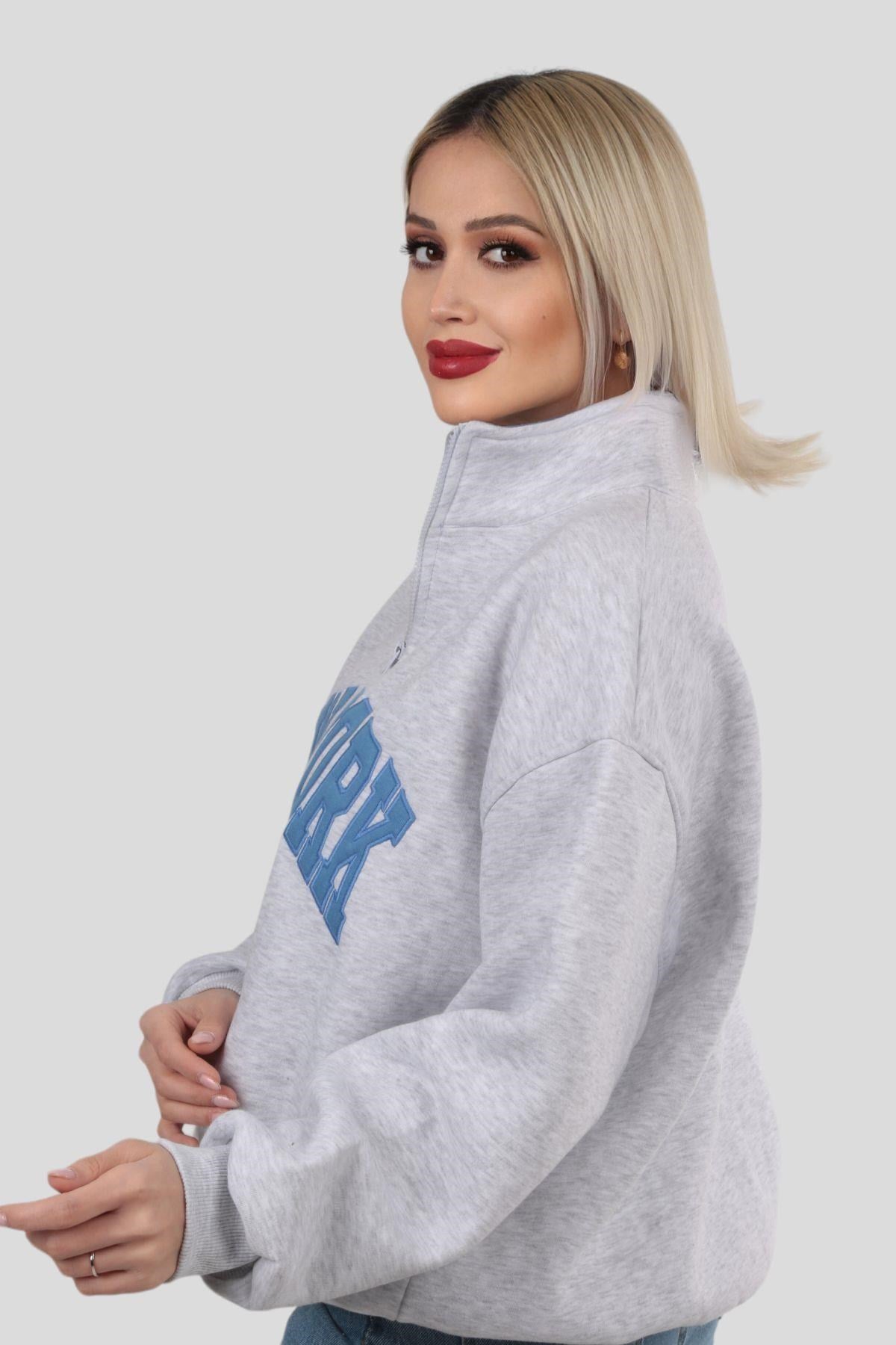 Gri New York Baskılı Fermuarlı Sweat 3623