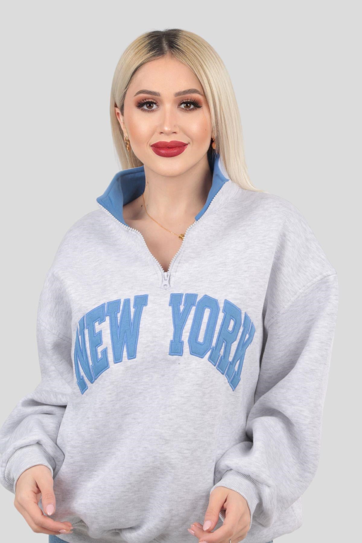 Gri New York Baskılı Fermuarlı Sweat 3623