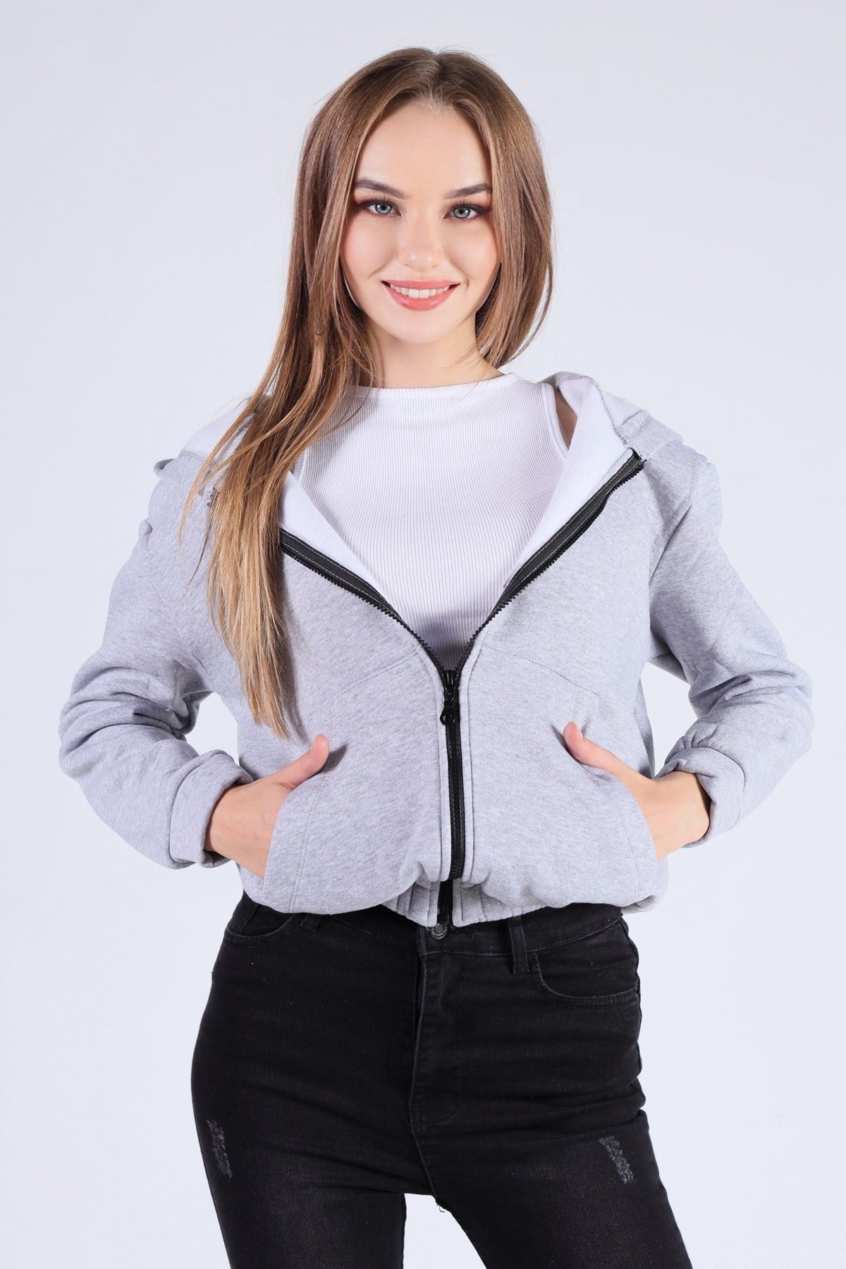 Gri Oversize Fermuarlı Sweat 8125M