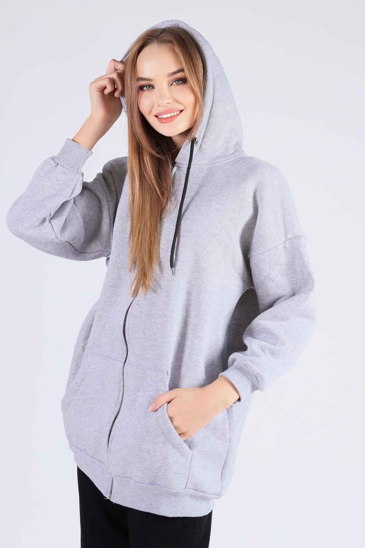 Gri Oversize Uzun Fermuarlı Sweat 8124M