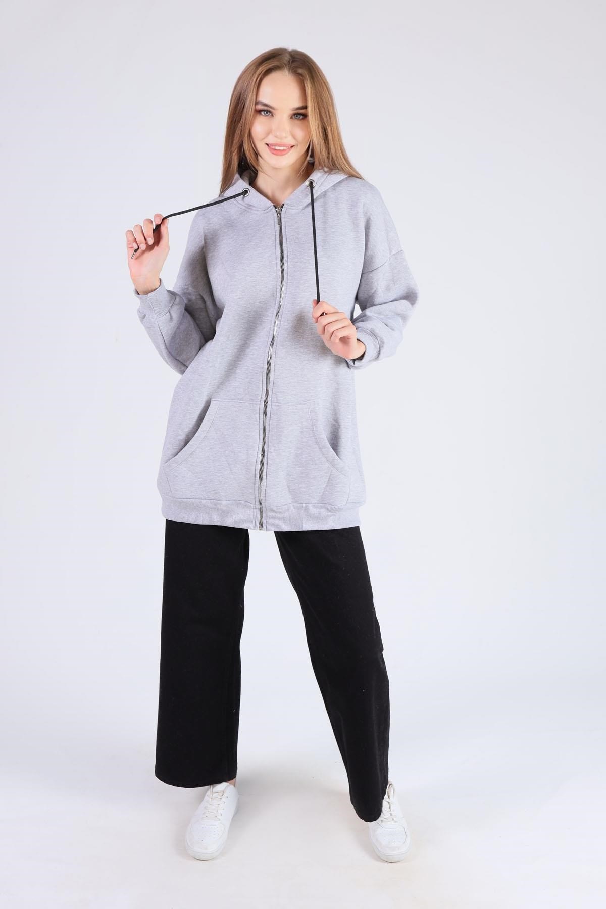 Gri Oversize Uzun Fermuarlı Sweat 8124M