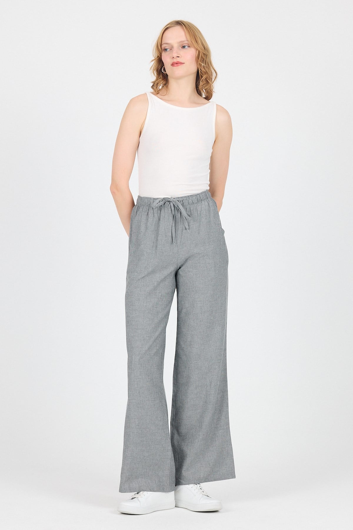 Gri Pamuklu Bel Lastikli Wide Leg/Bol Paça Pantolon 4754A