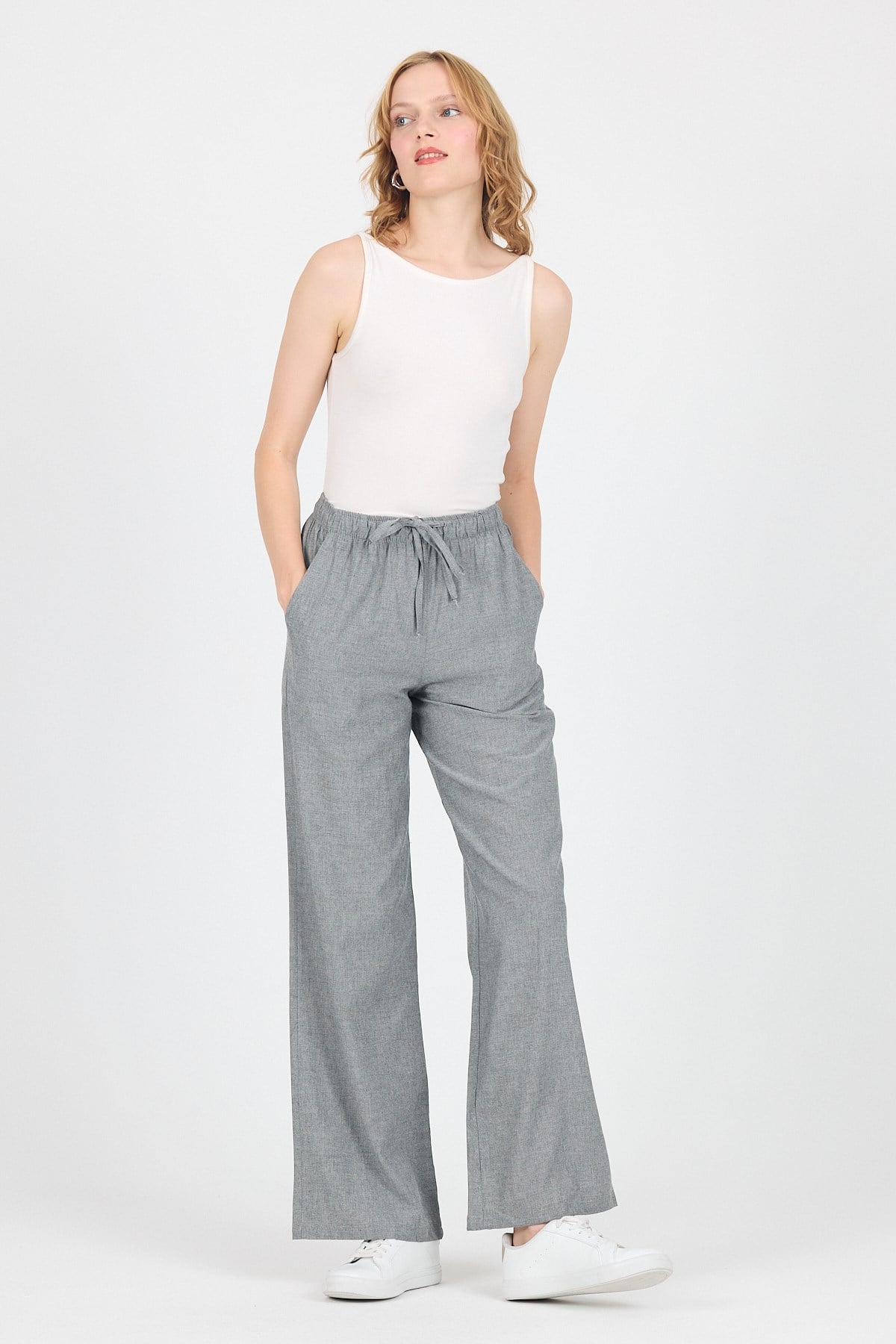 Gri Pamuklu Bel Lastikli Wide Leg/Bol Paça Pantolon 4754A