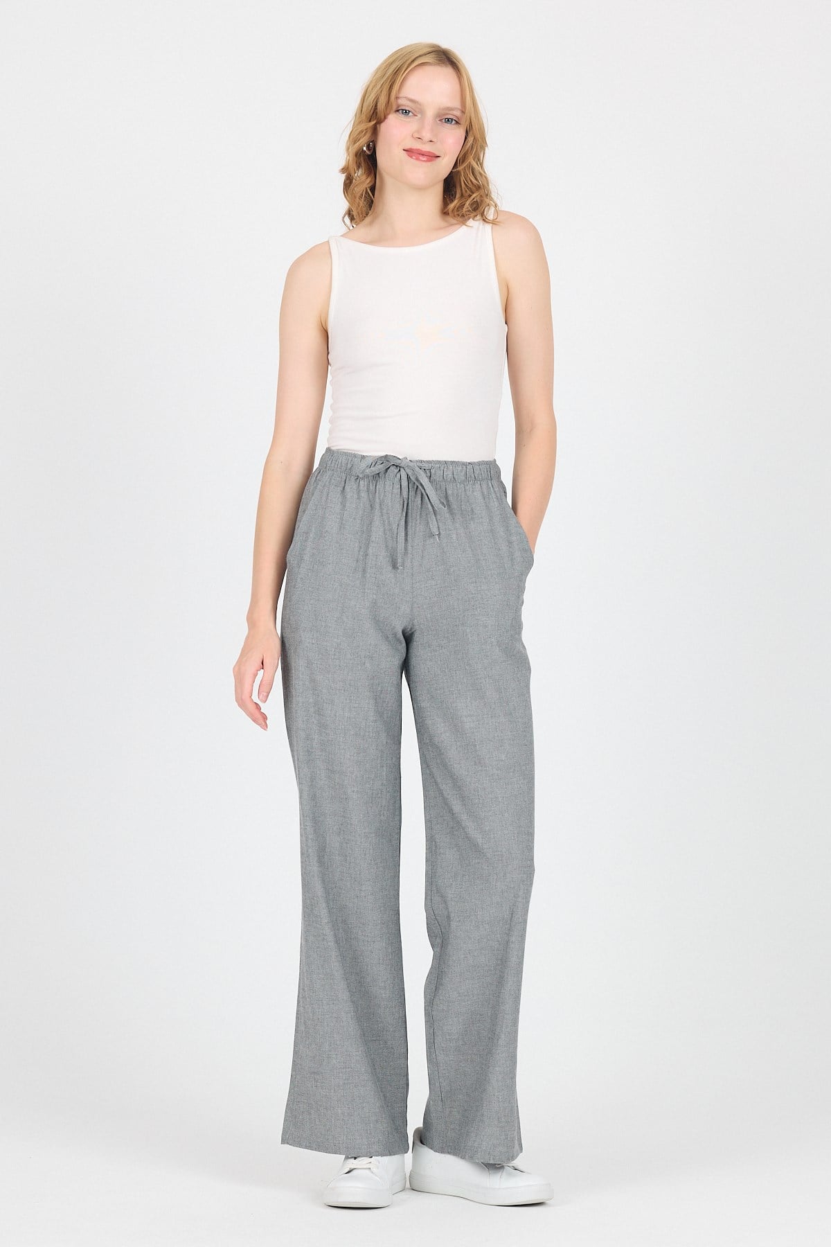 Gri Pamuklu Bel Lastikli Wide Leg/Bol Paça Pantolon 4754A