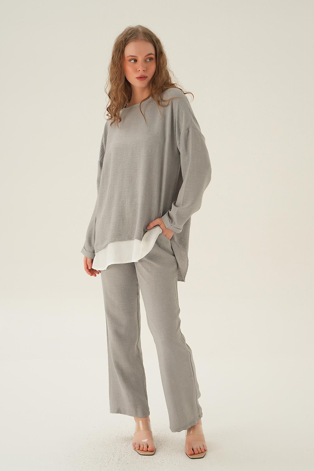 Gri Parçalı Tunik Pantolon Takım 4090A