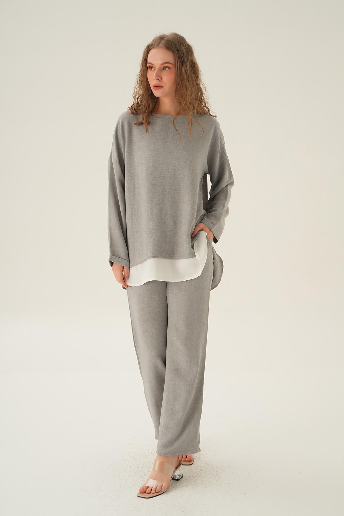 Gri Parçalı Tunik Pantolon Takım 4090A