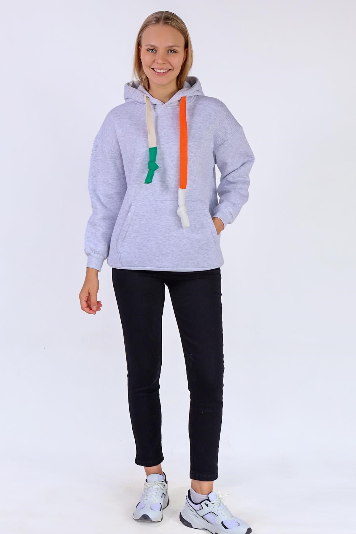 Gri Renkli İpli Kapüşonlu Sweat 9173M