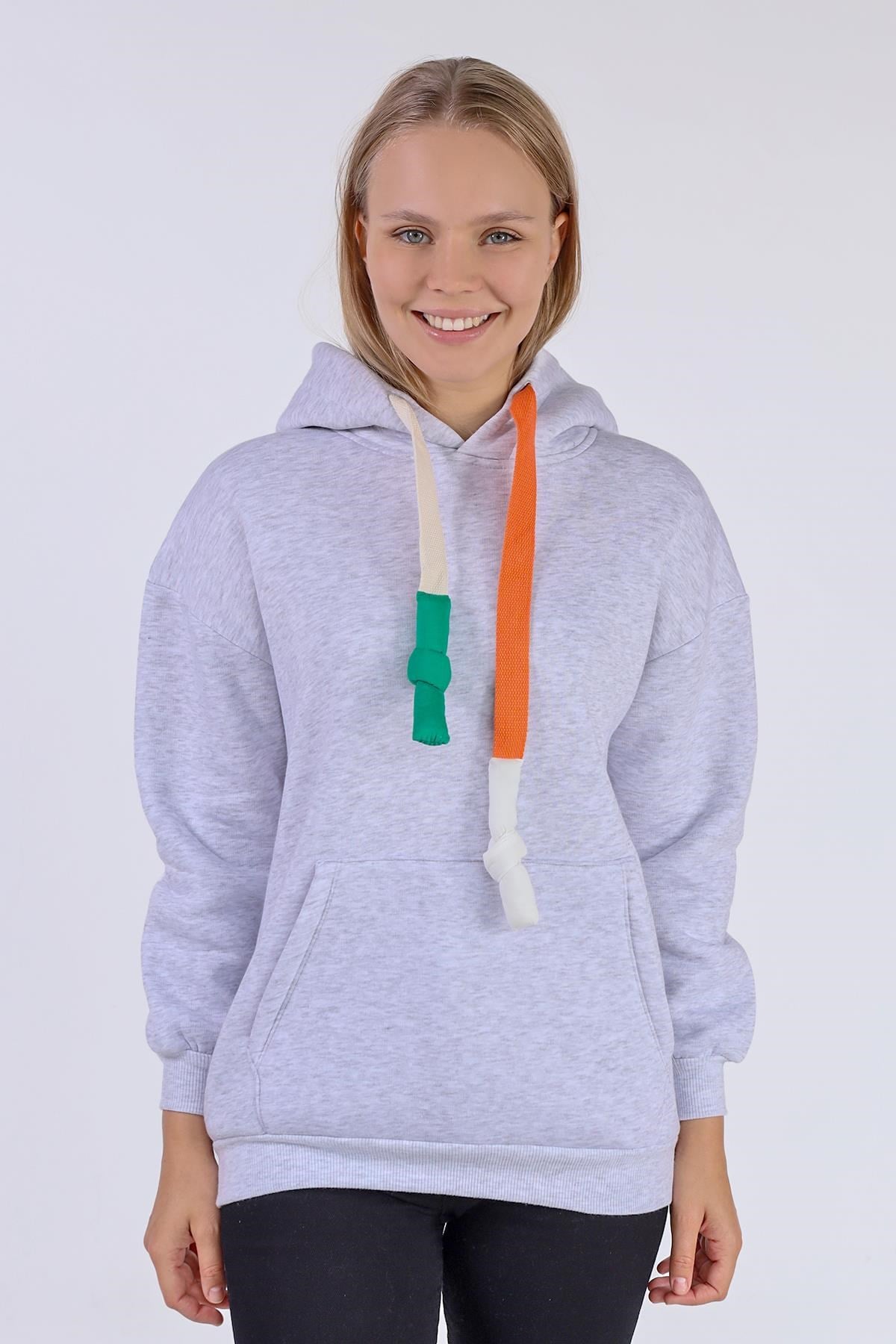 Gri Renkli İpli Kapüşonlu Sweat 9173M