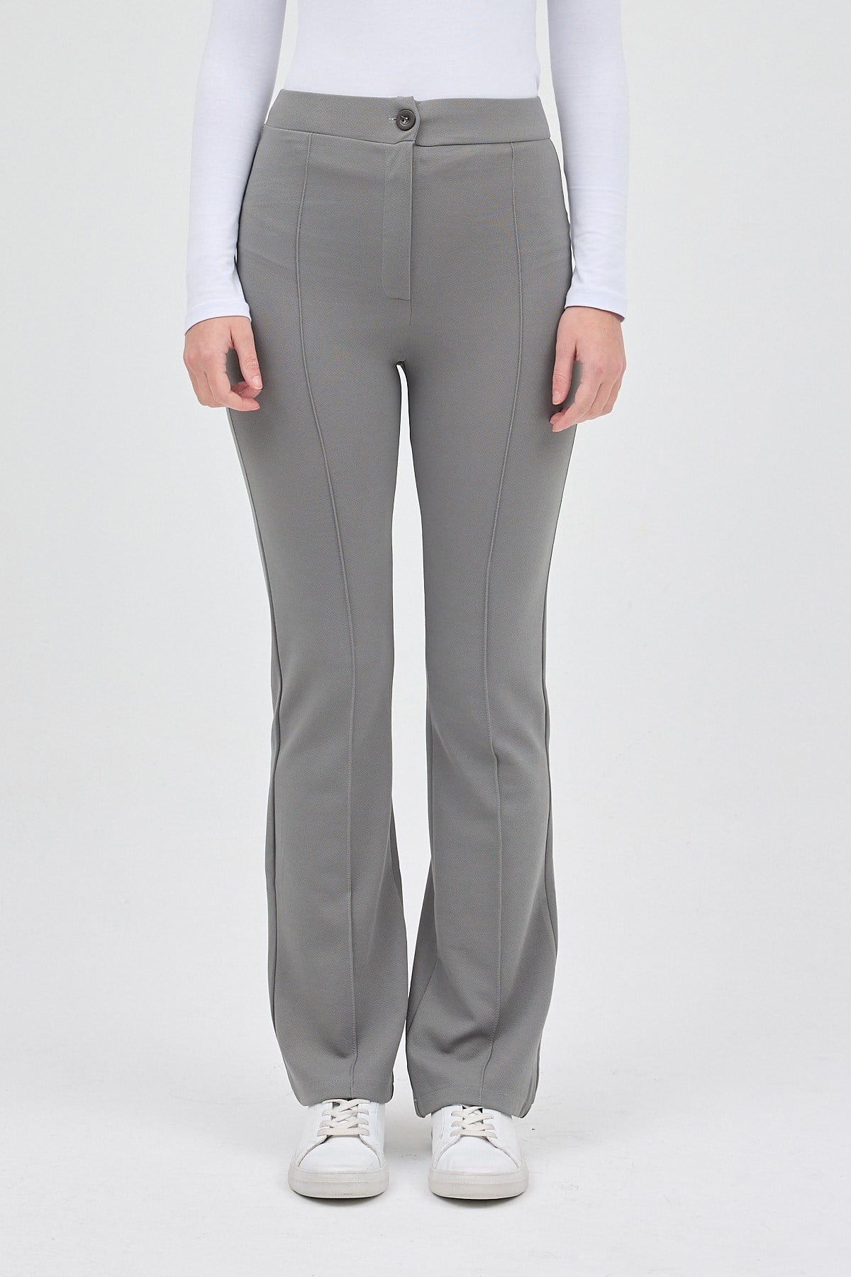 Gri Straight/Düz Kesim Yüksek Bel Nervür Dikişli Örme Pantolon TCR-6873A