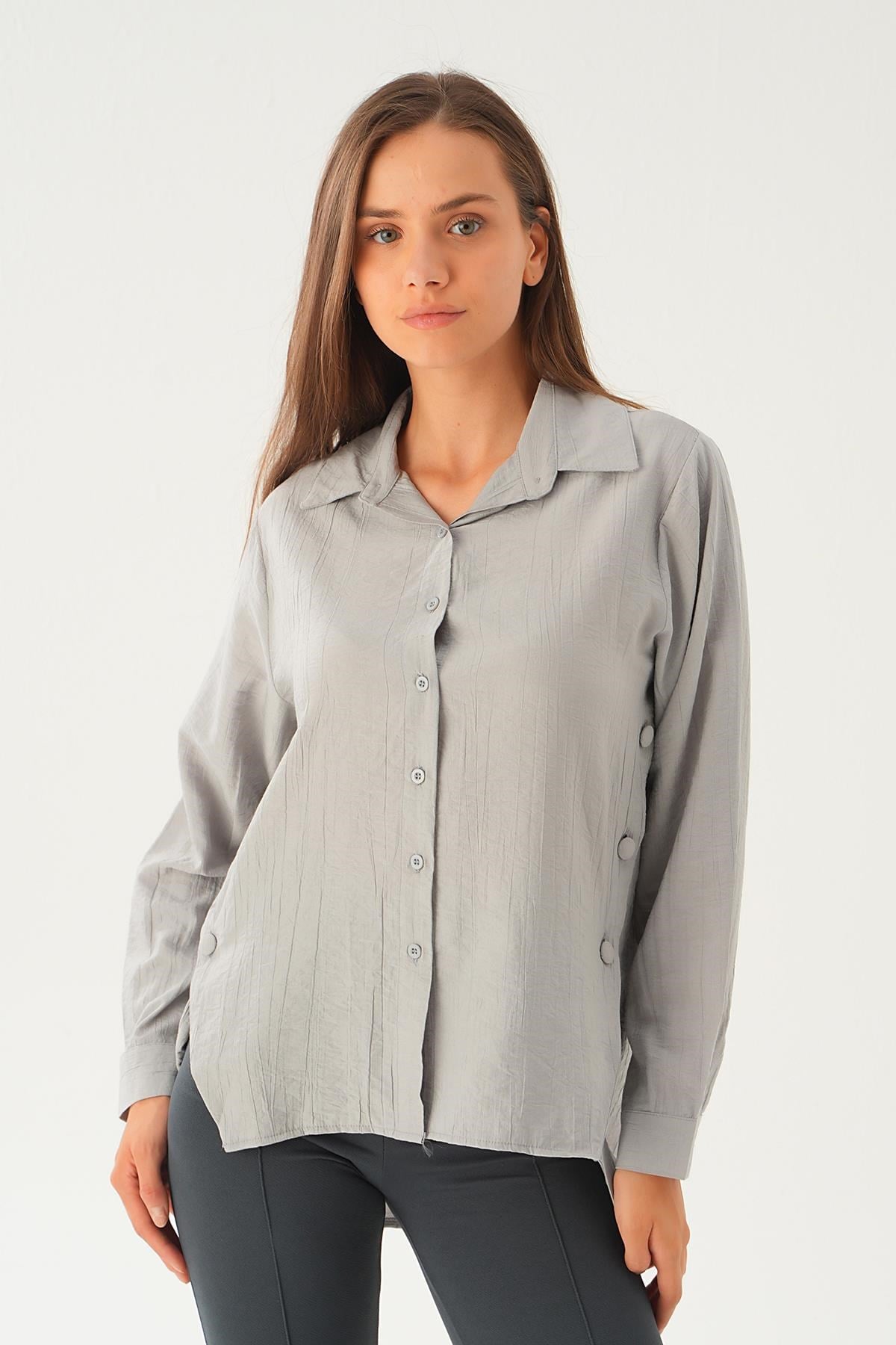 Gri Yan Çıtçıtlı Arka Uzun Gömlek 4014A