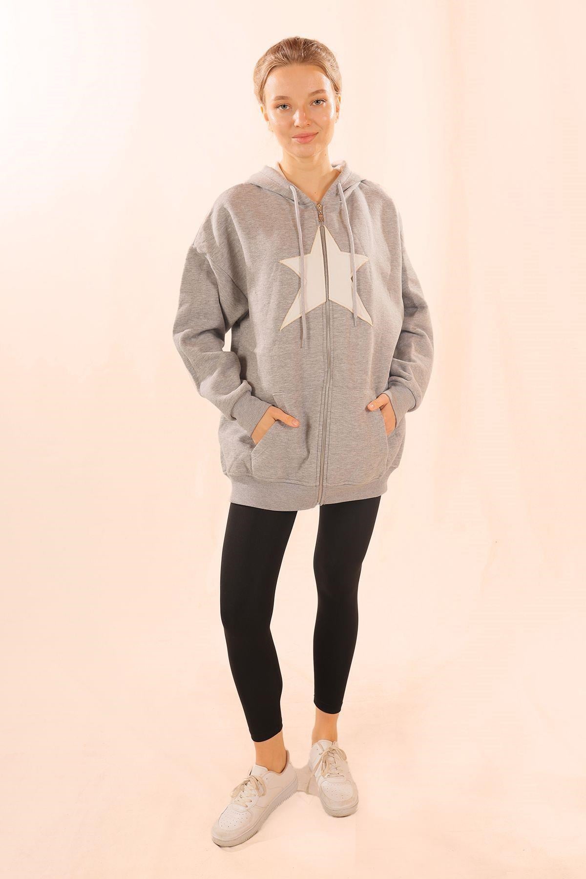 Gri Yıldız Nakış Fermuarlı Sweat 3221