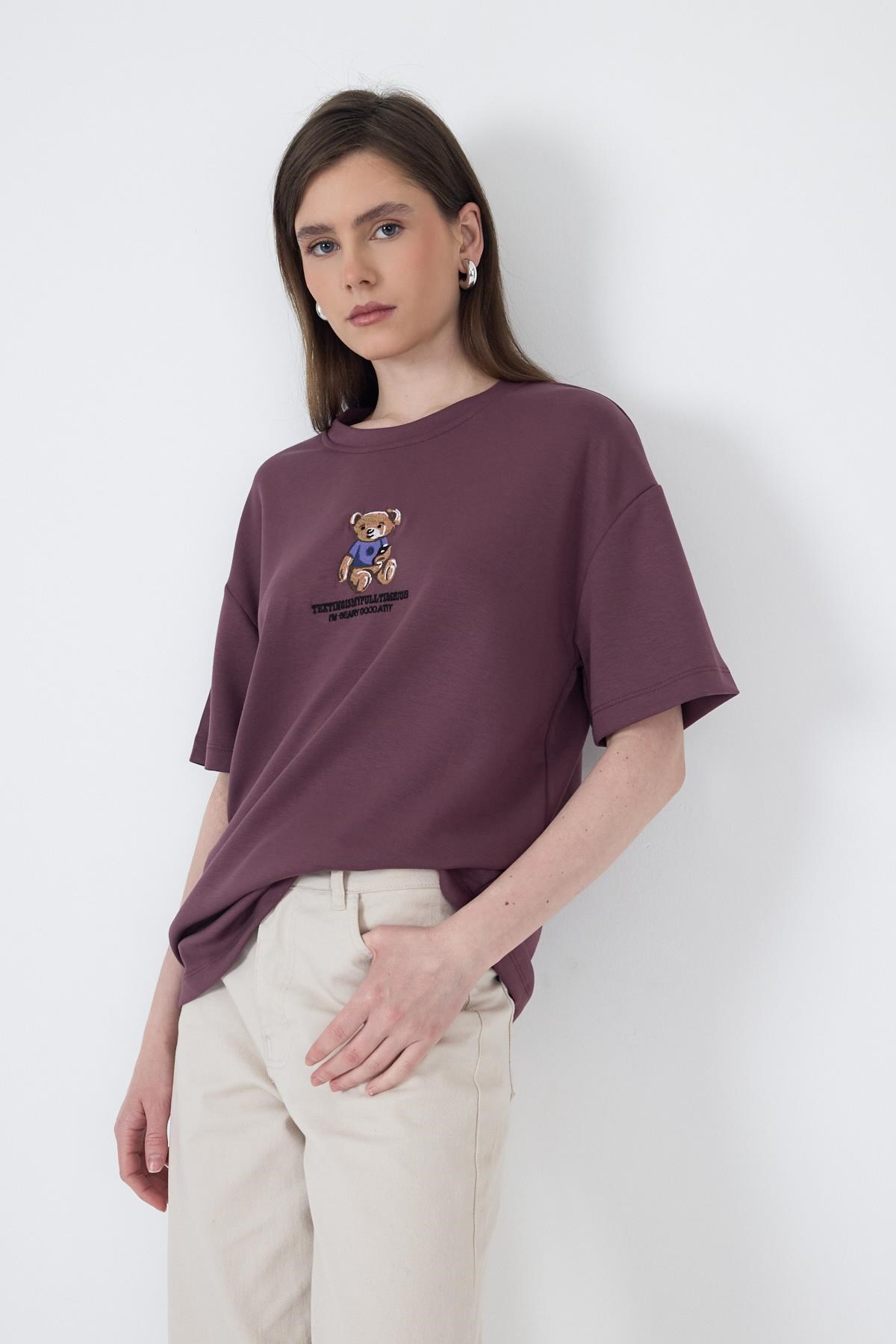 Gül Kurusu Ayıcık Baskılı Bisiklet Yaka Oversize Tişört 5530