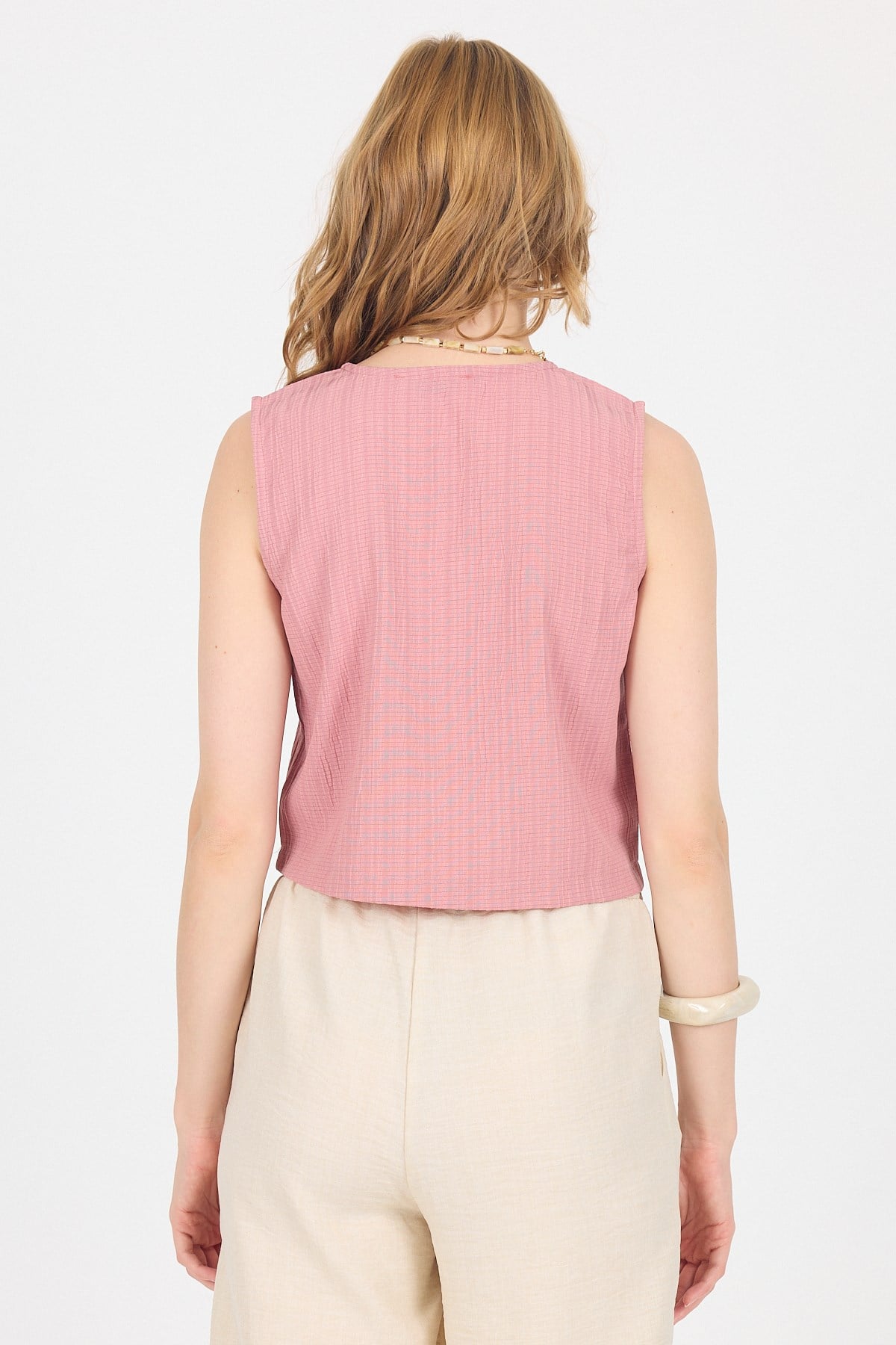 Gül V Yaka Kolsuz Crop Bluz 8027