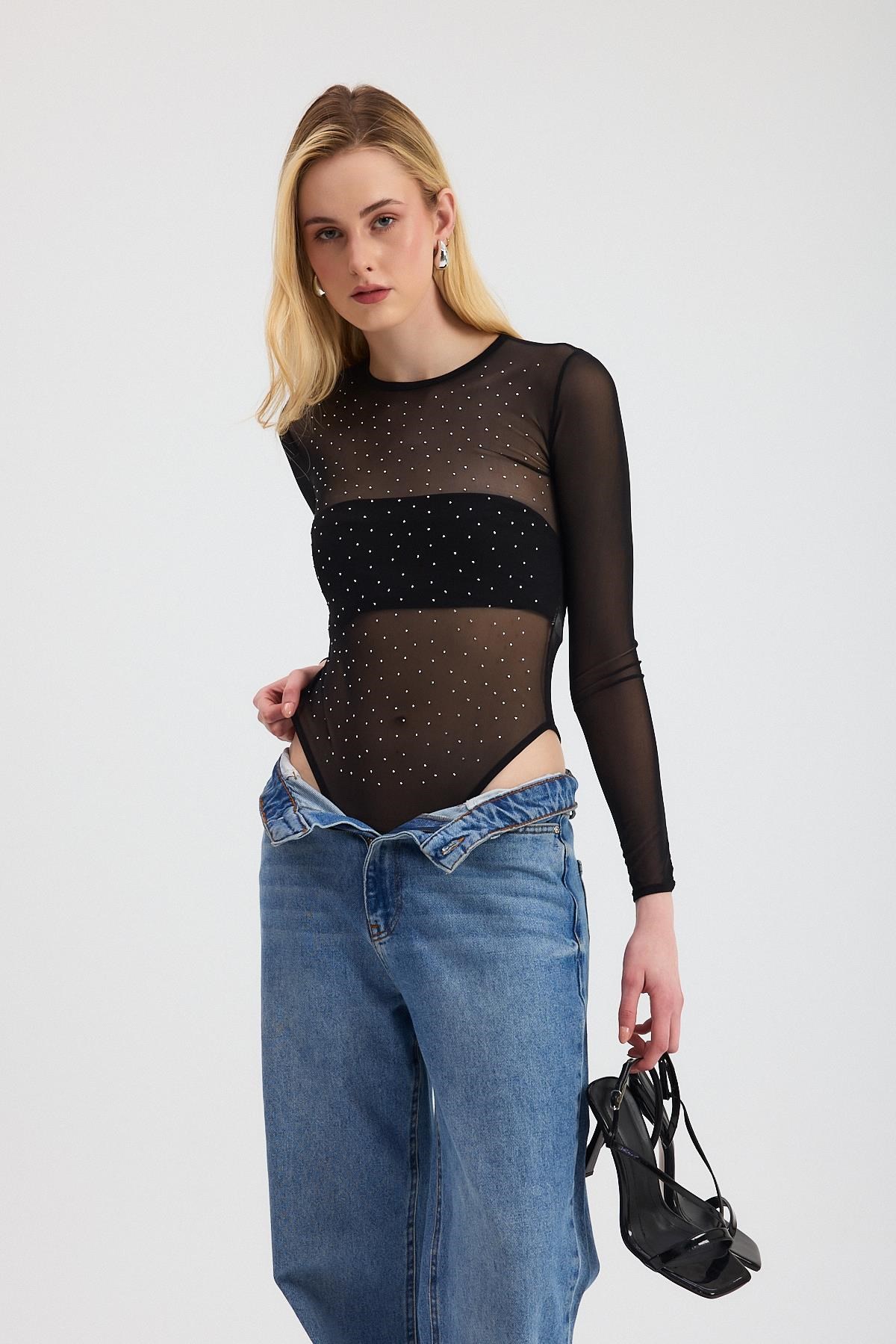 Gümüş-2116 Taş Detay Transparan Çıtçıtlı Zıbın Bluz