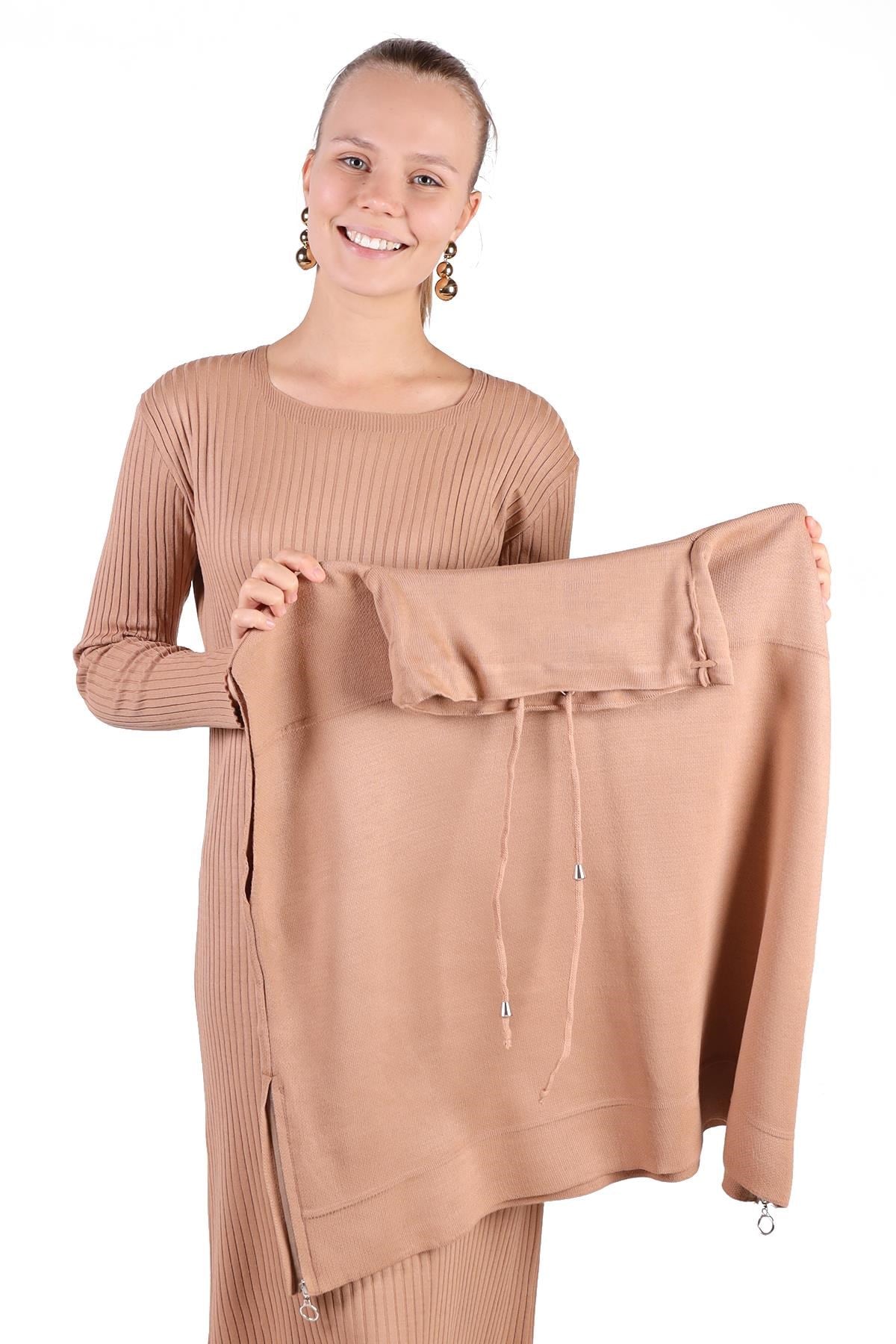 Günlük Elbiseler-Camel Degaje Yaka Elbise Takım 24267-rulem