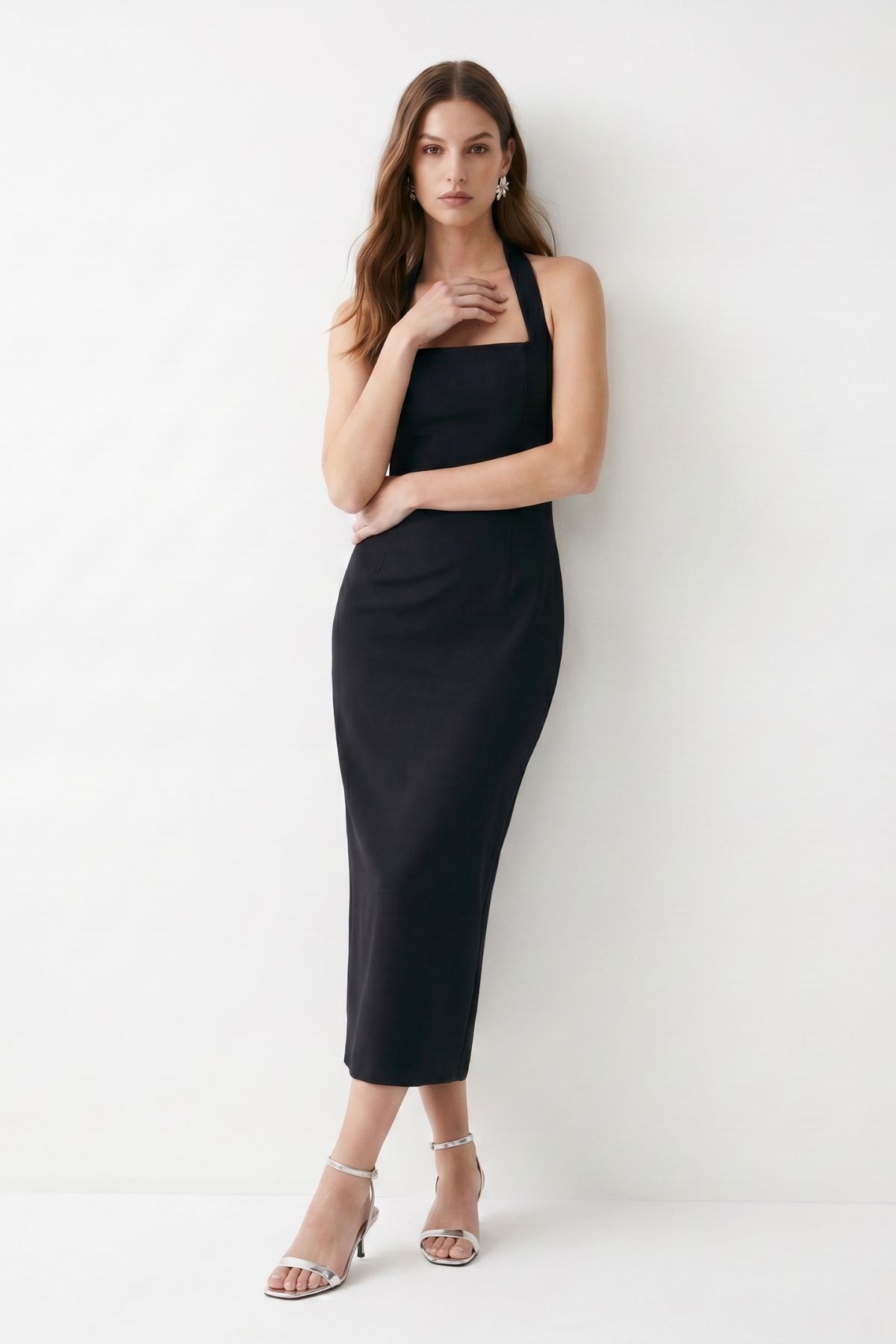 Günlük Elbiseler-Kare Yaka Kalın Askılı Arkadan Yırtmaçlı Midi Elbise 0380 Siyah -rulem