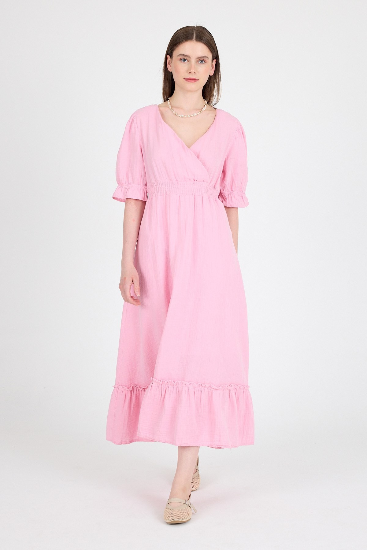 Günlük Elbiseler-Pembe %100 Pamuk Müslin V Yaka Bel Lastikli Midi Elbise 4780A-rulem