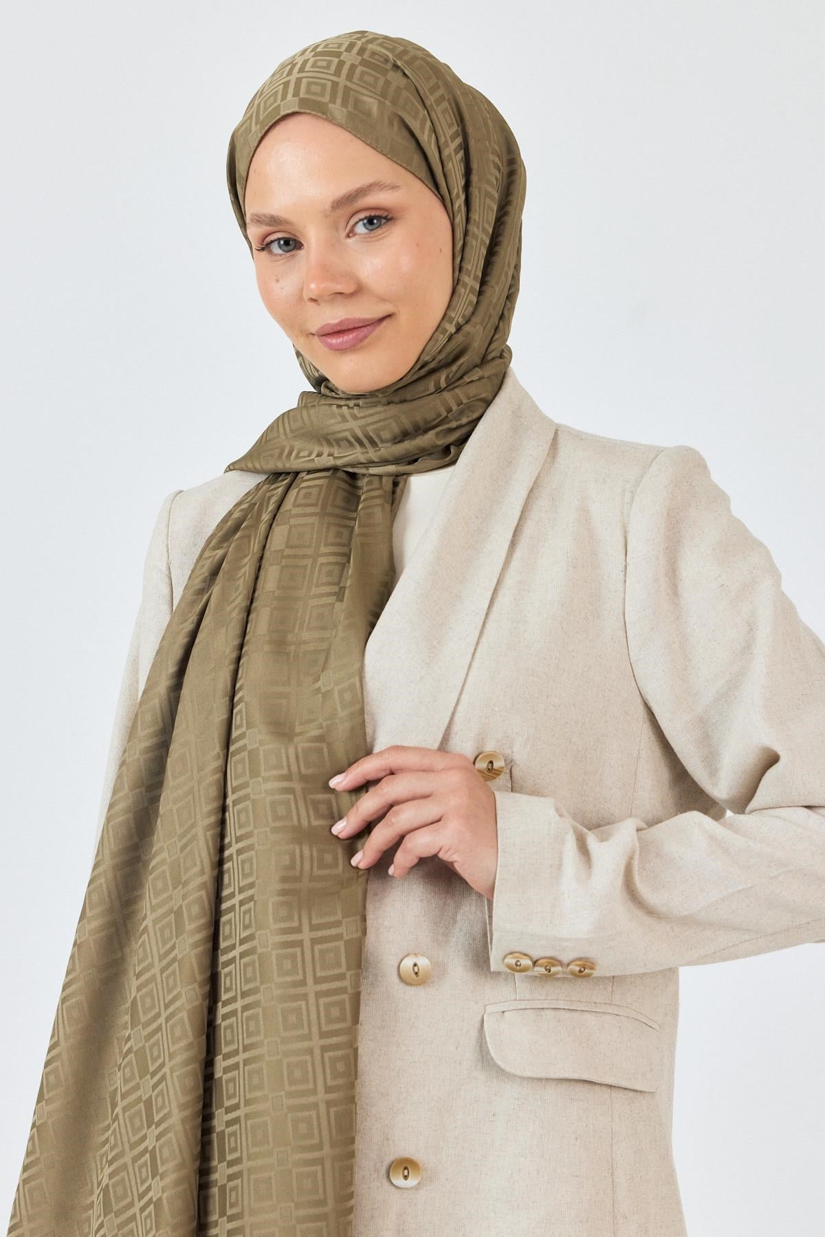 Haki Kare Desen Jakar Şal 5692