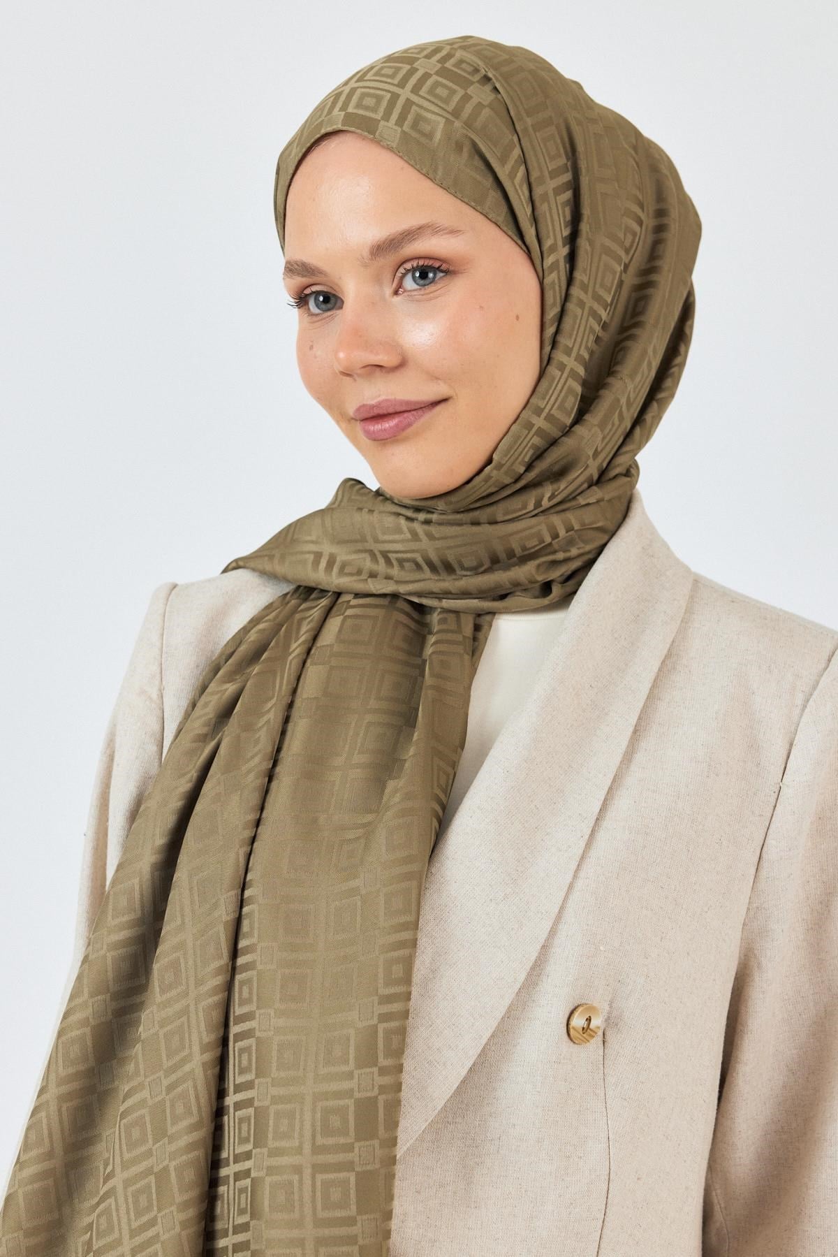 Haki Kare Desen Jakar Şal 5692