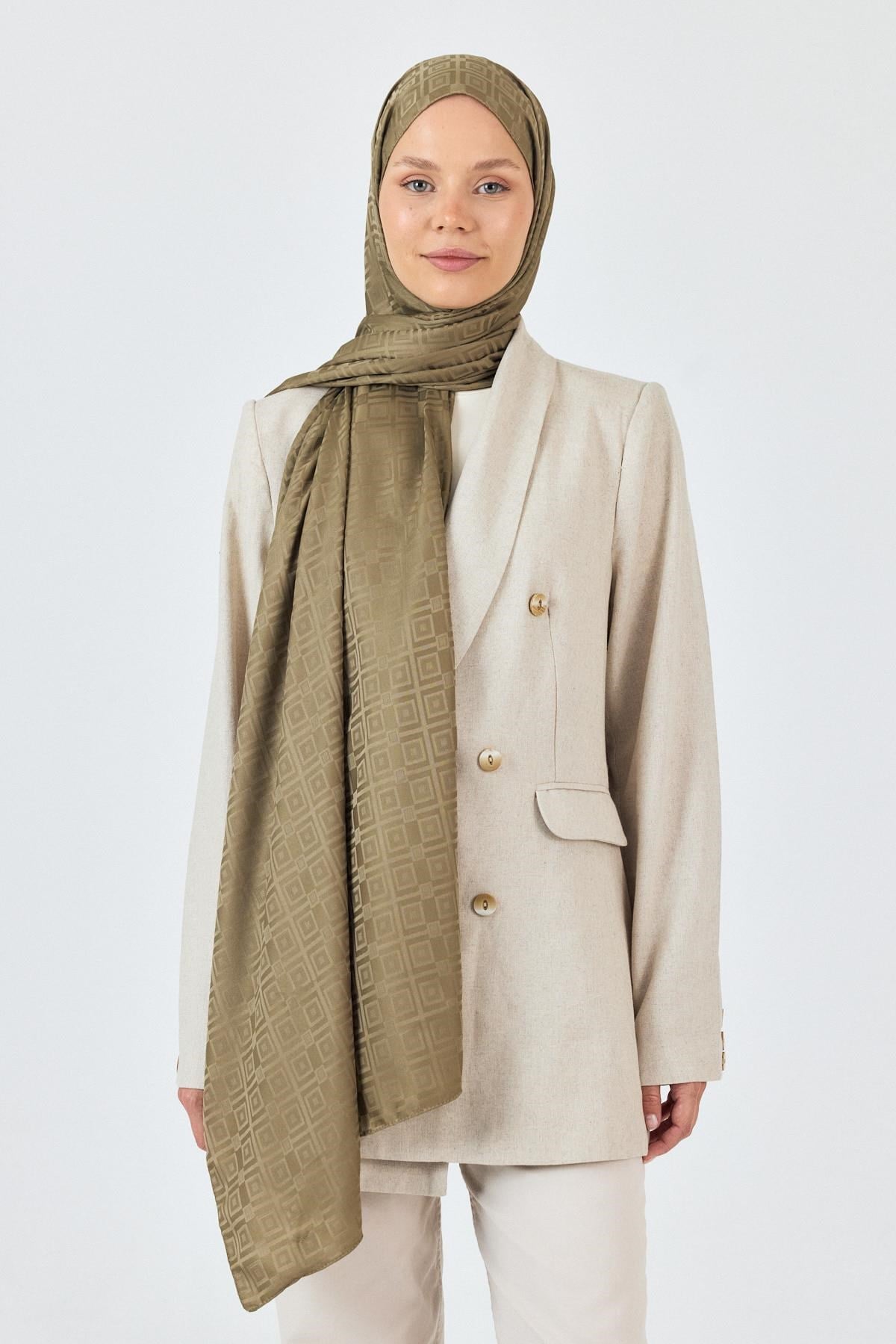 Haki Kare Desen Jakar Şal 5692