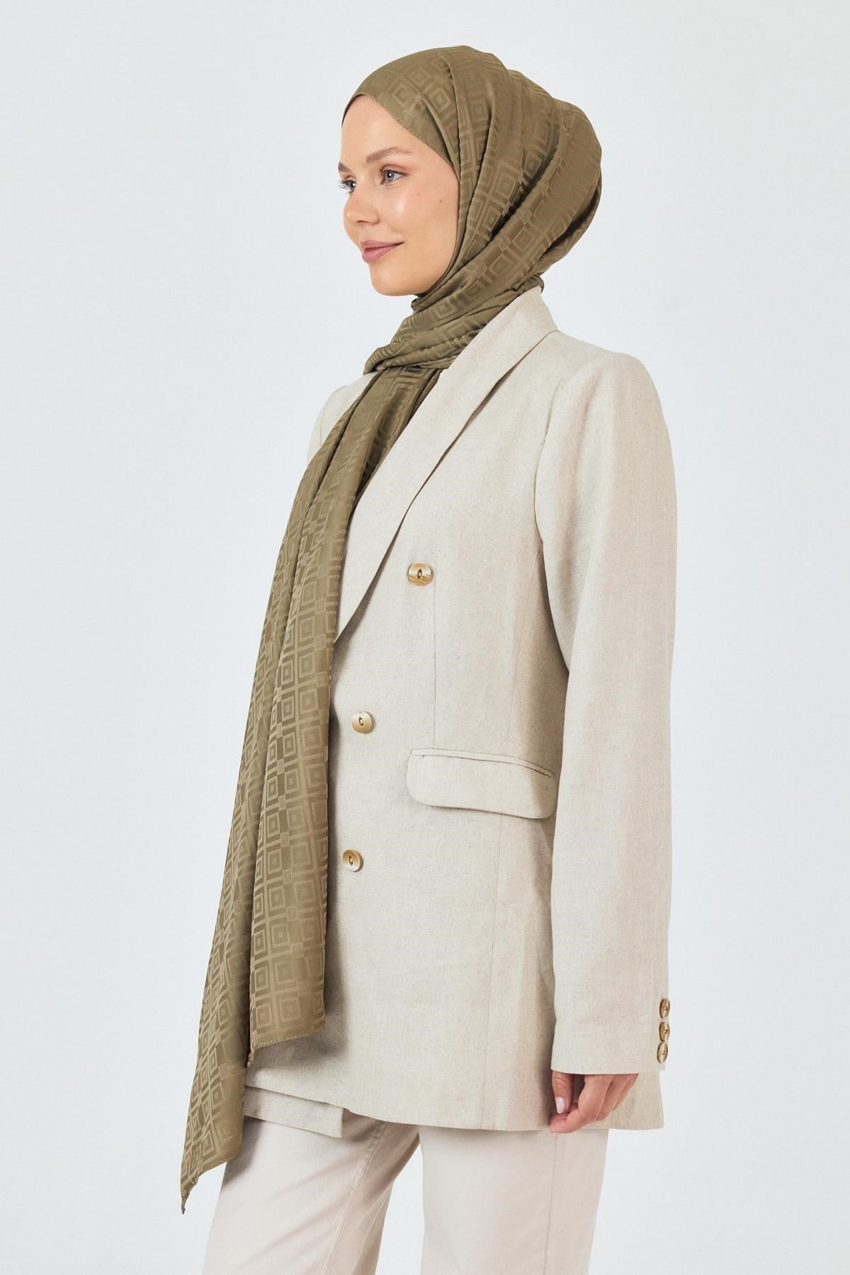 Haki Kare Desen Jakar Şal 5692