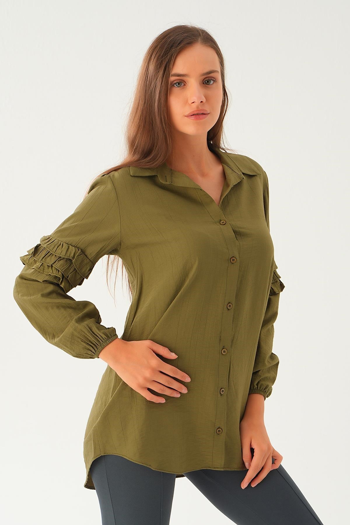 Haki Kol Fırfırlı Uzun Tunik 4136A