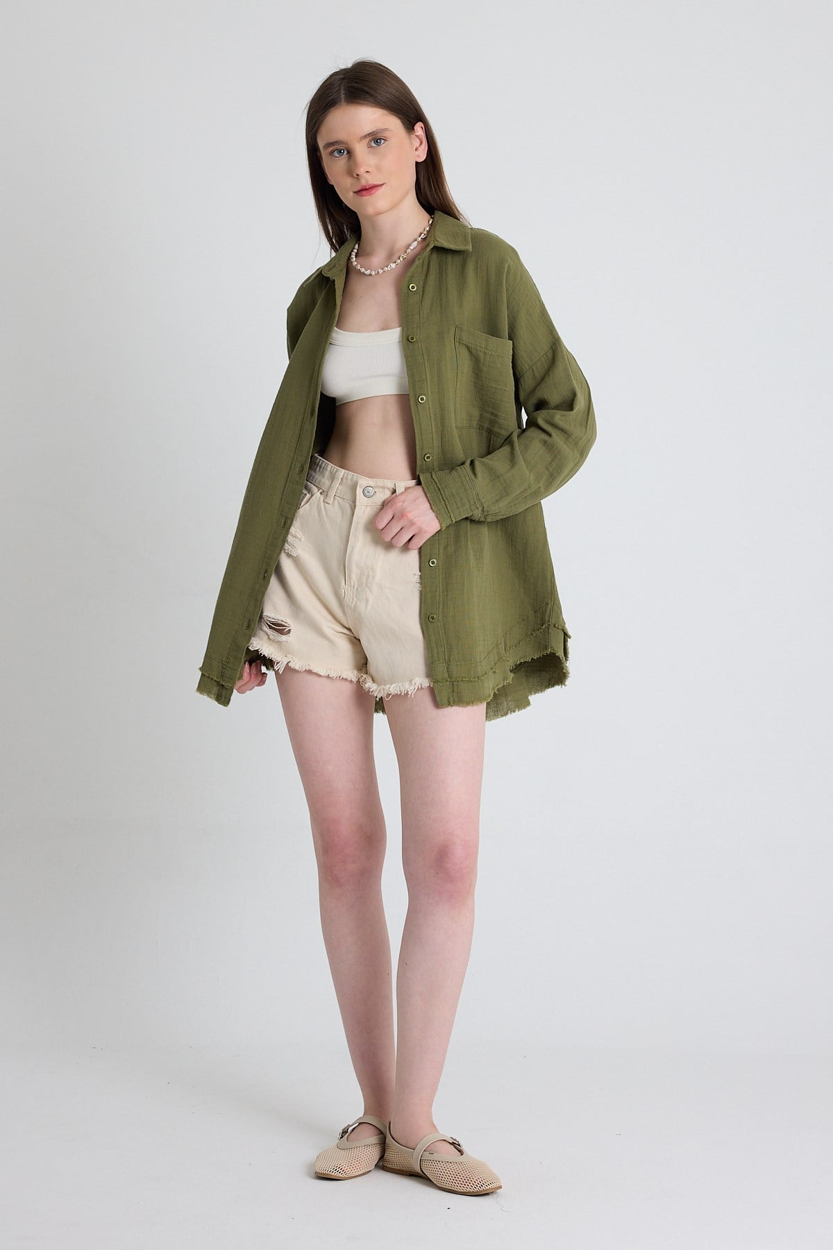 Haki Oversize %100 Pamuk Müslin Gömlek 4786A
