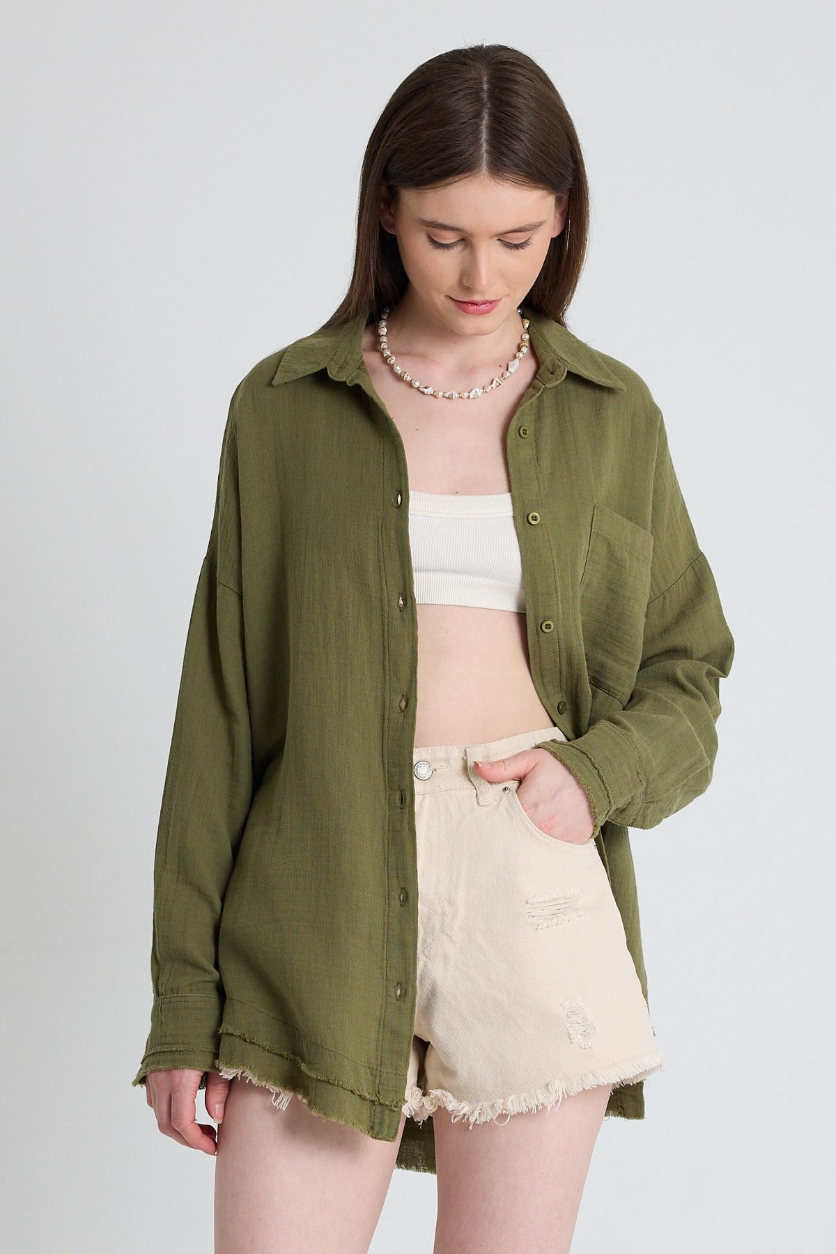 Haki Oversize %100 Pamuk Müslin Gömlek 4786A